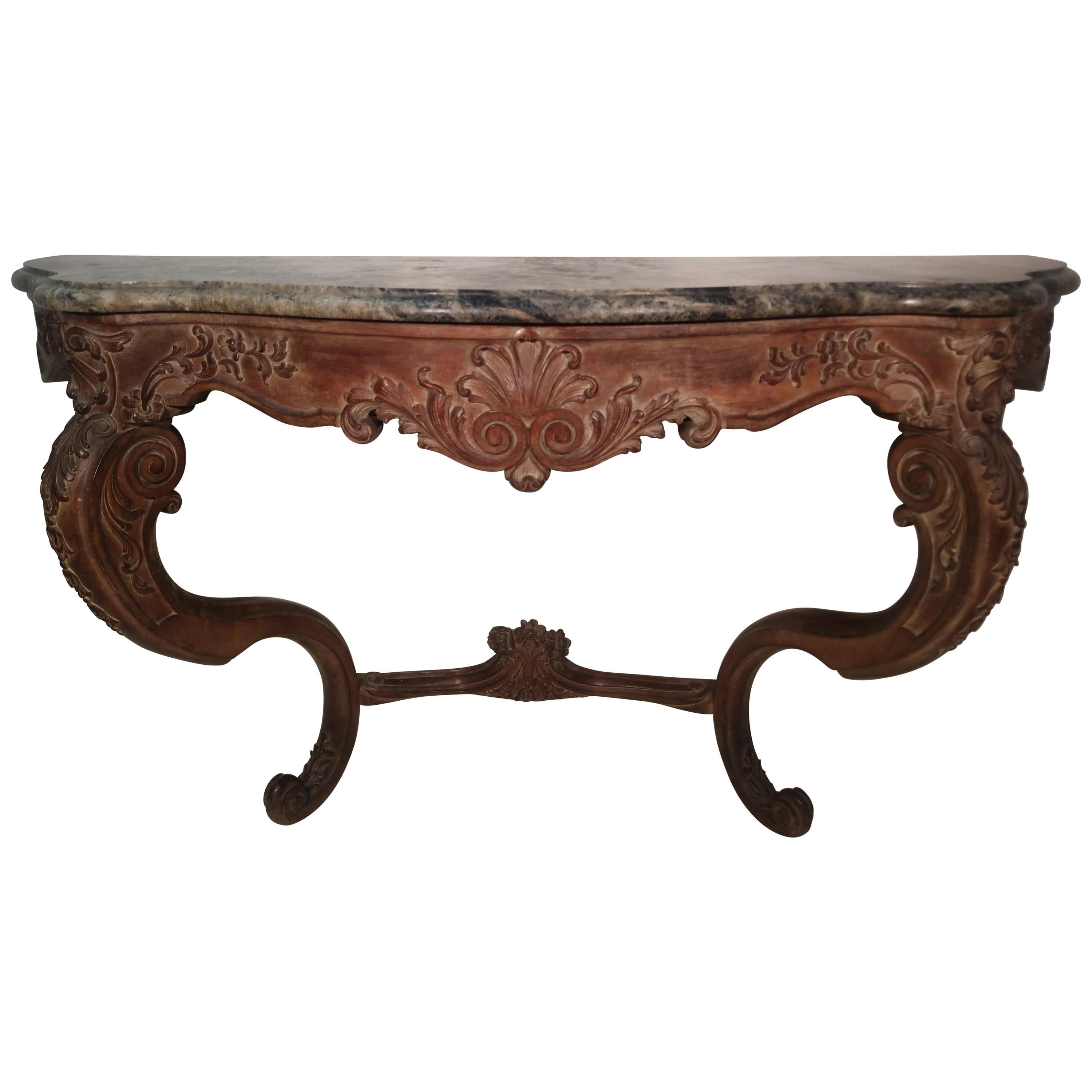 Signed Maison Jansen Rococo Carved Server Console Table w Serpentine Marble Top