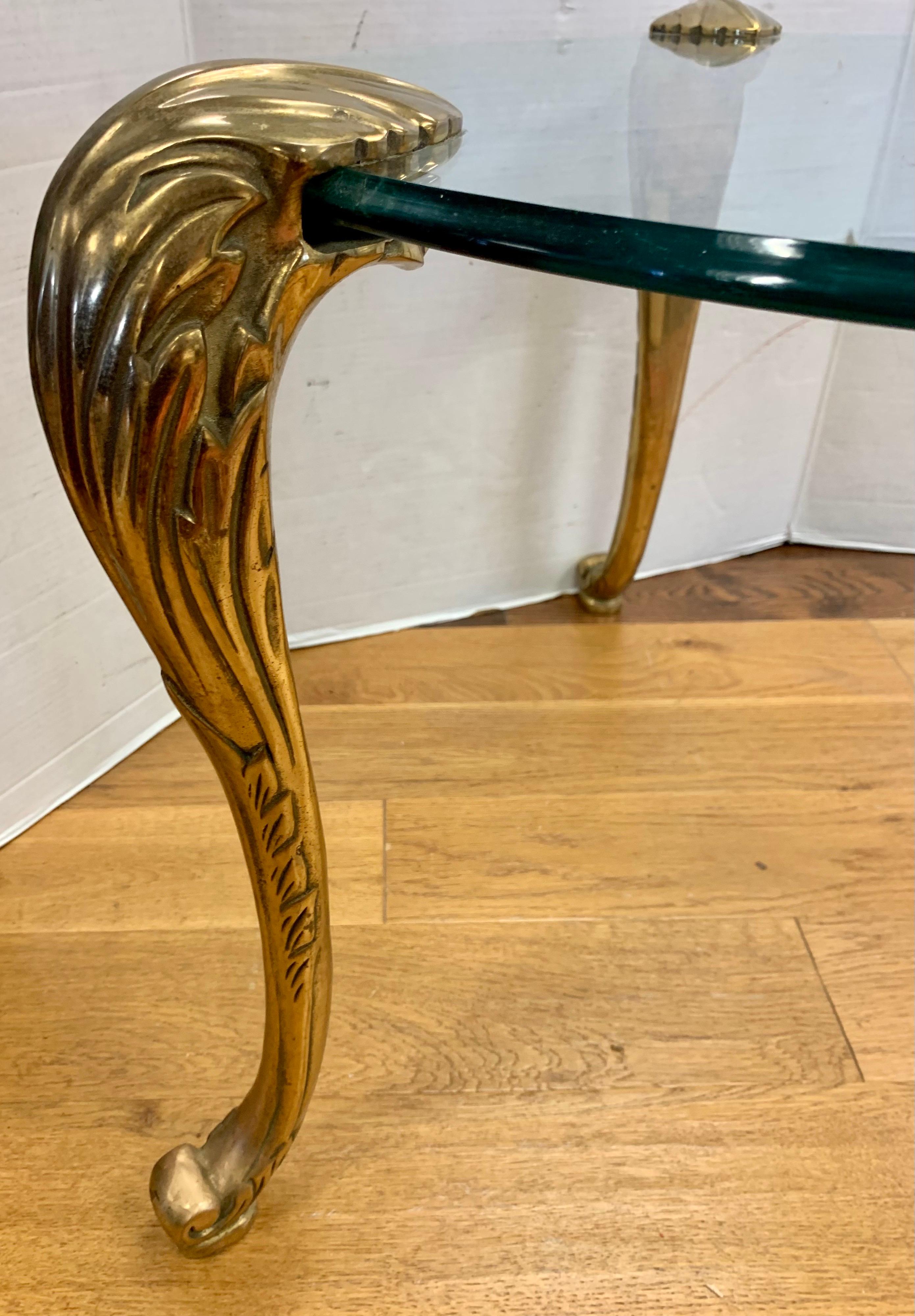 Italian Maison Jansen Round Brass and Glass End Table with Cabriolet Legs