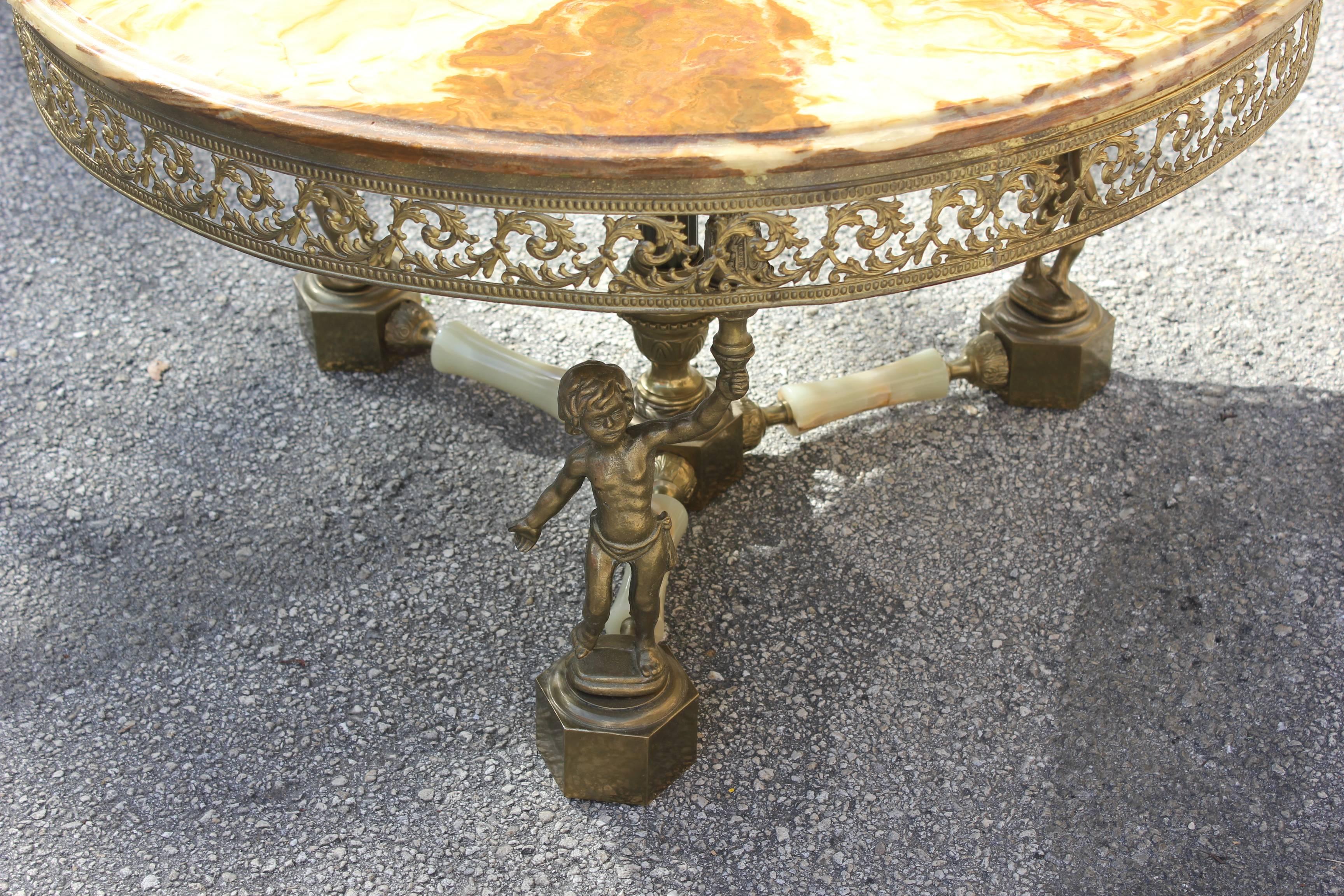 Maison Jansen Round Coffee or Cocktail Table with Onyx Top and Baby Base Bronze 4