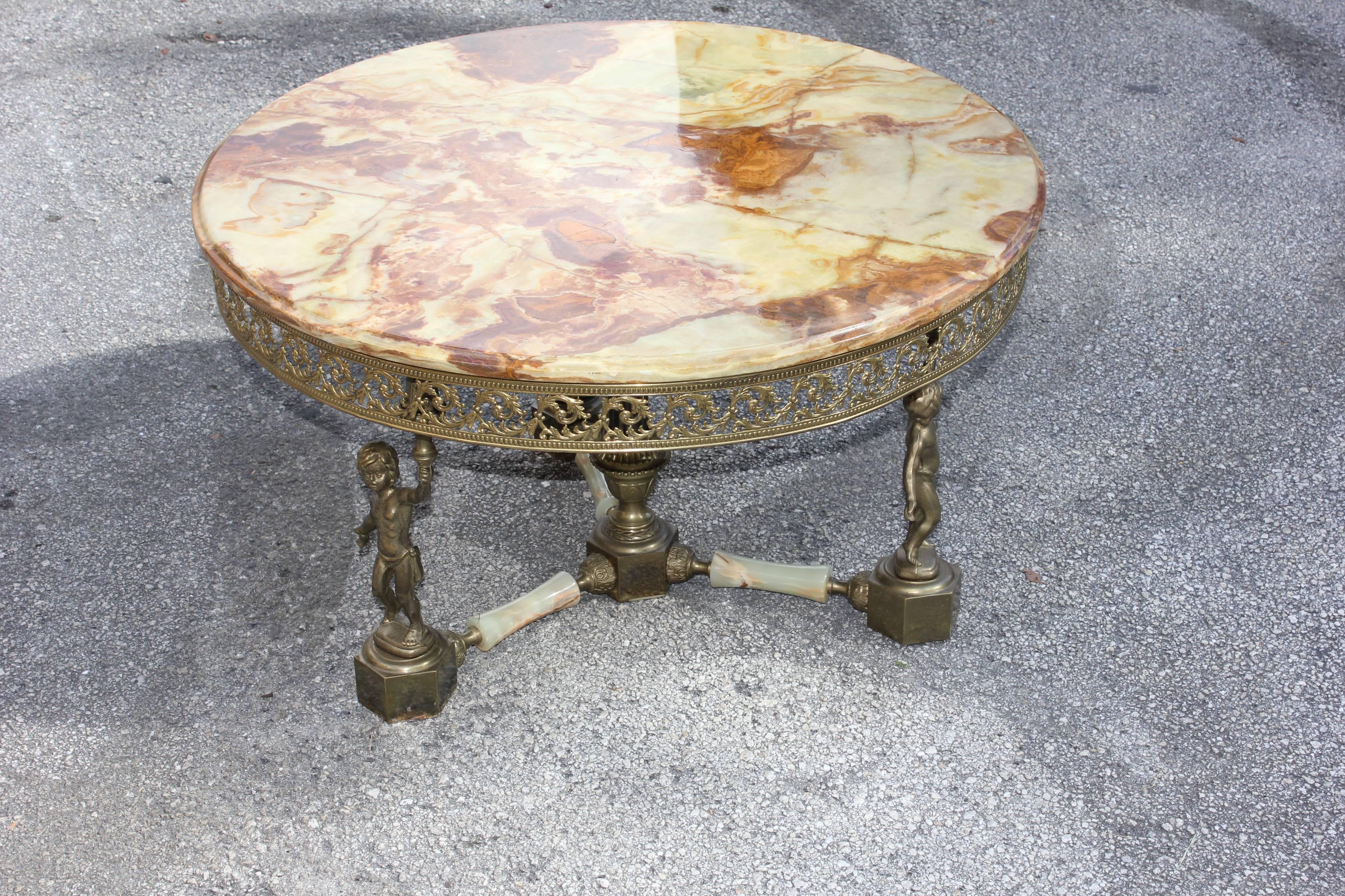 Art Deco Maison Jansen Round Coffee or Cocktail Table with Onyx Top and Baby Base Bronze