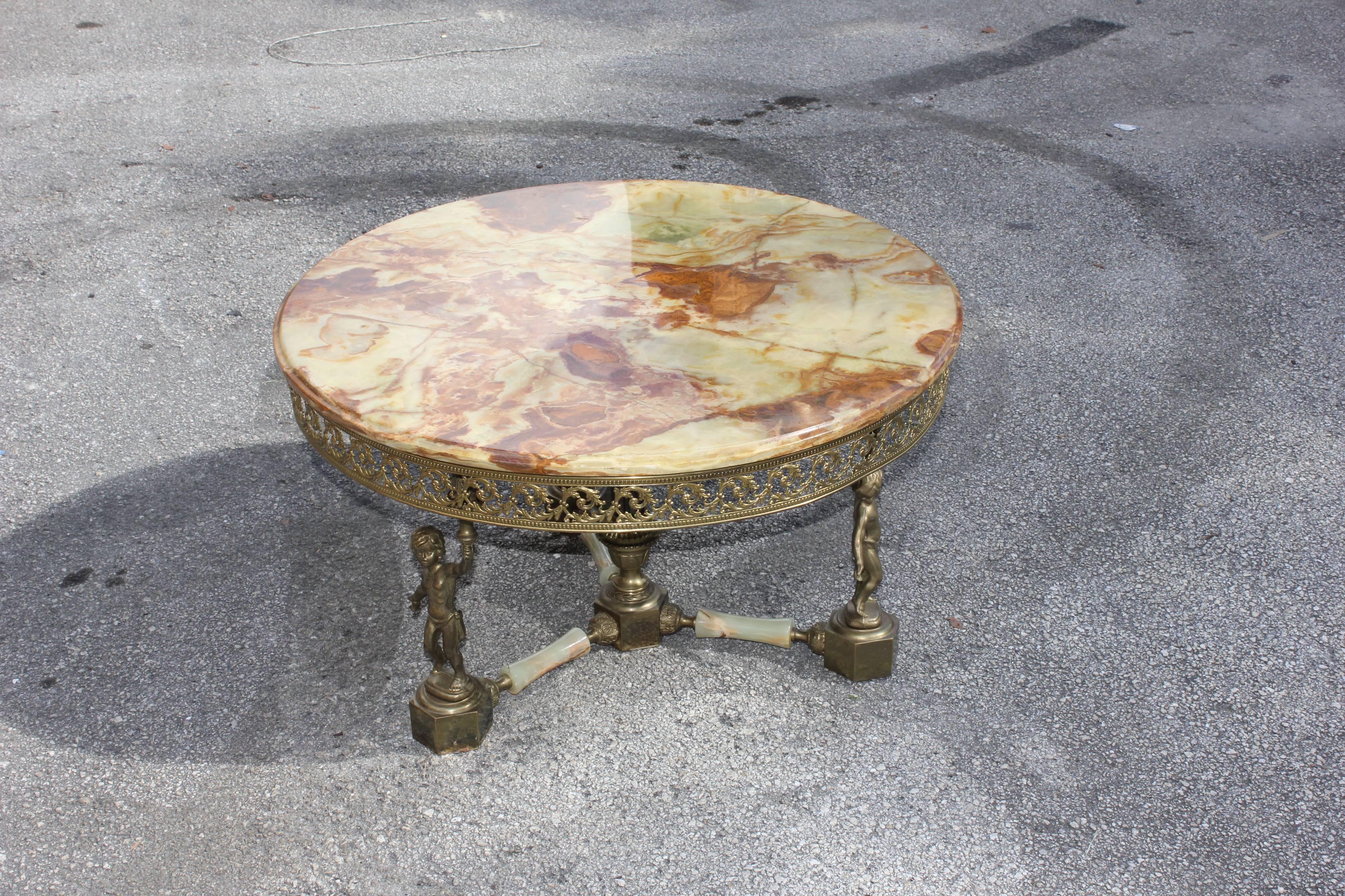 French Maison Jansen Round Coffee or Cocktail Table with Onyx Top and Baby Base Bronze