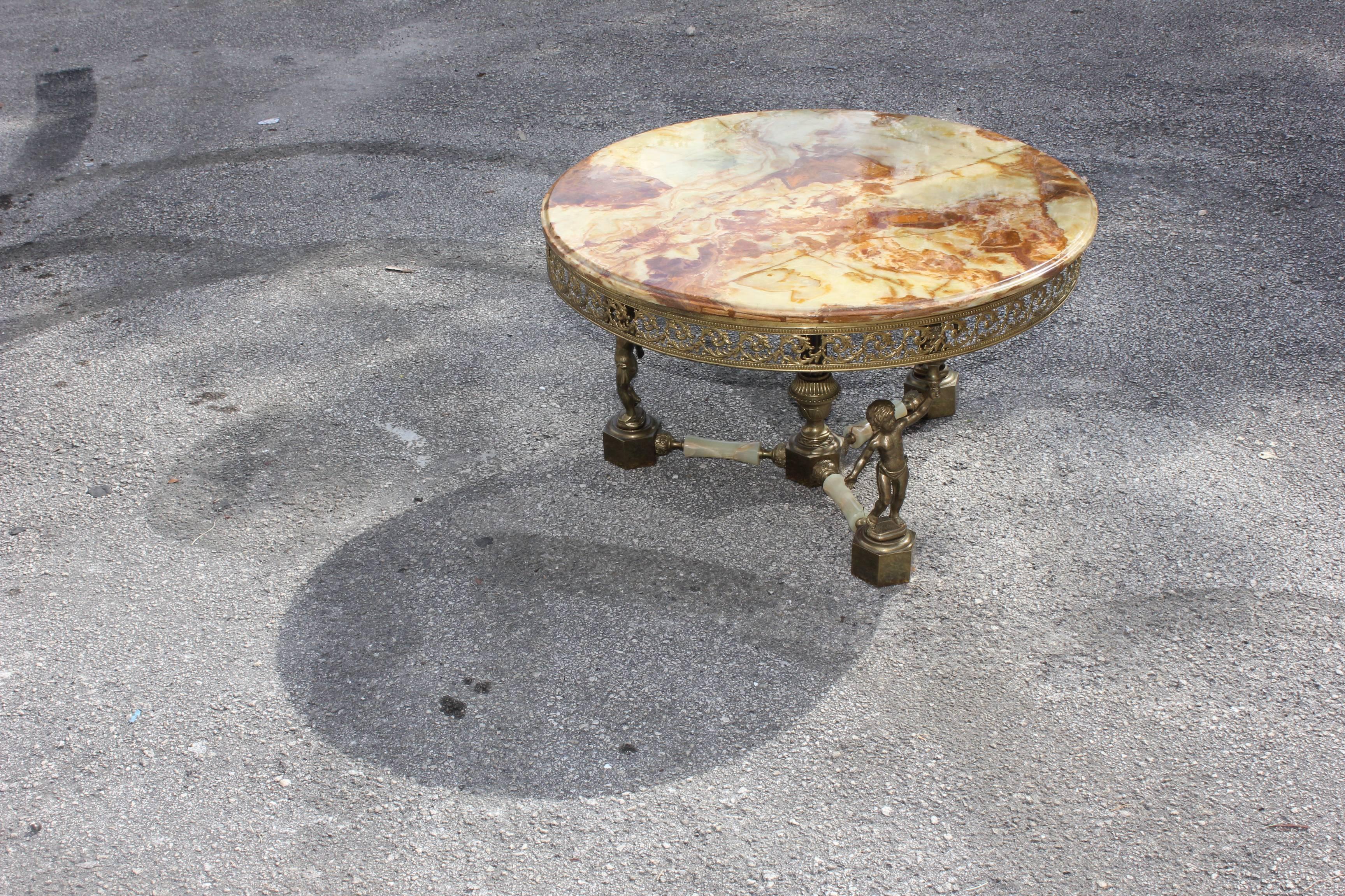 Maison Jansen Round Coffee or Cocktail Table with Onyx Top and Baby Base Bronze In Excellent Condition In Hialeah, FL