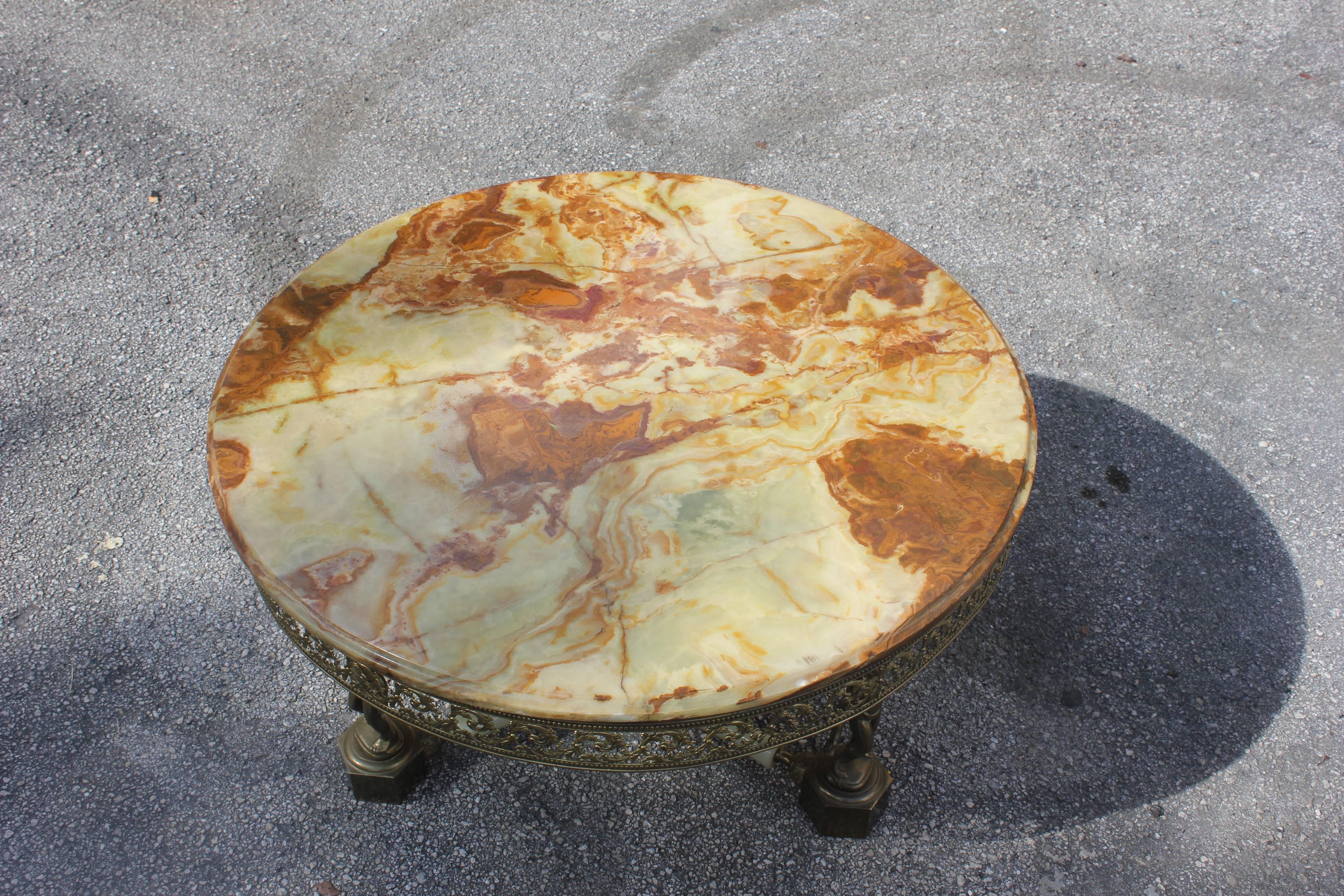 Mid-20th Century Maison Jansen Round Coffee or Cocktail Table with Onyx Top and Baby Base Bronze