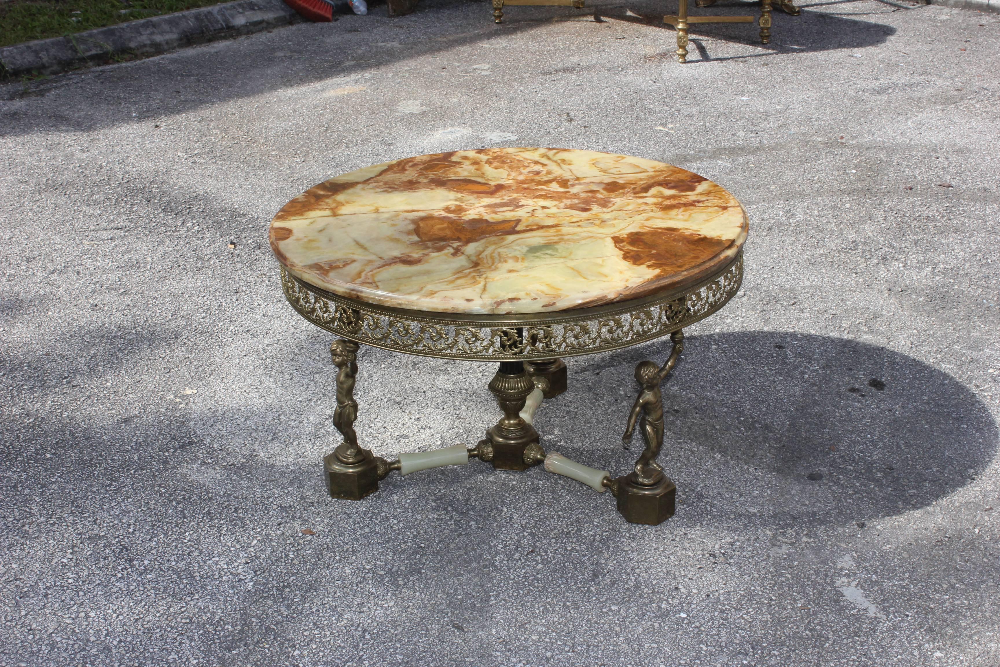 Maison Jansen Round Coffee or Cocktail Table with Onyx Top and Baby Base Bronze 2