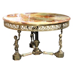 Maison Jansen Round Coffee or Cocktail Table with Onyx Top and Baby Base Bronze