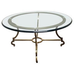 Maison Jansen Round Solid Brass and Ogee Glass Top Cocktail Coffee Table