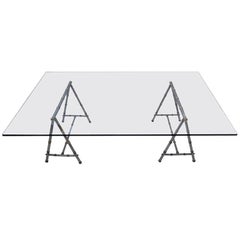 Used Maison Jansen Mid-Century Modern Brass, Steel Faux Bamboo Sawhorse Coffee Table 