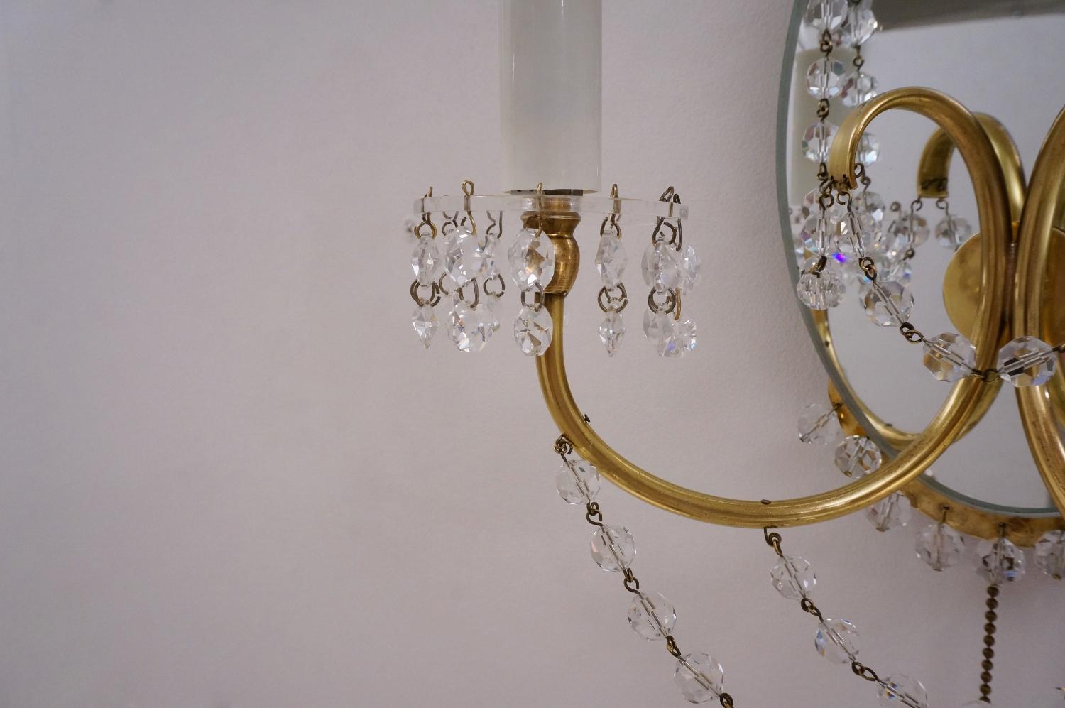 Maison Jansen Sconces Crystal Beads, Brass and Mirror, French, circa 1940s 6