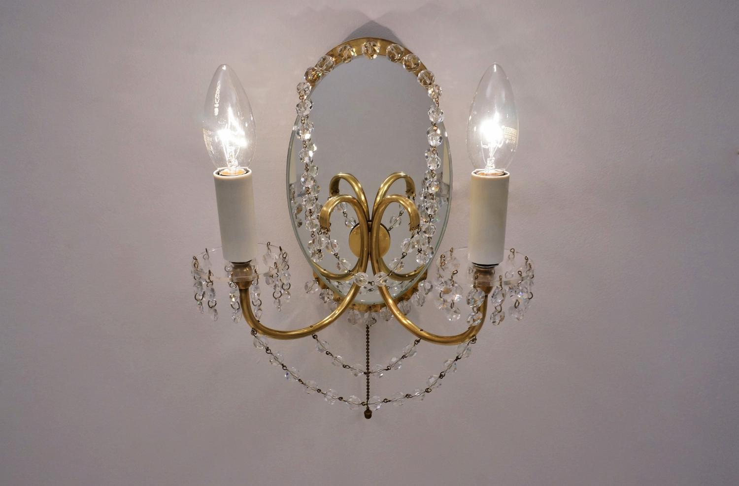 Maison Jansen Sconces Crystal Beads, Brass and Mirror, French, circa 1940s 7