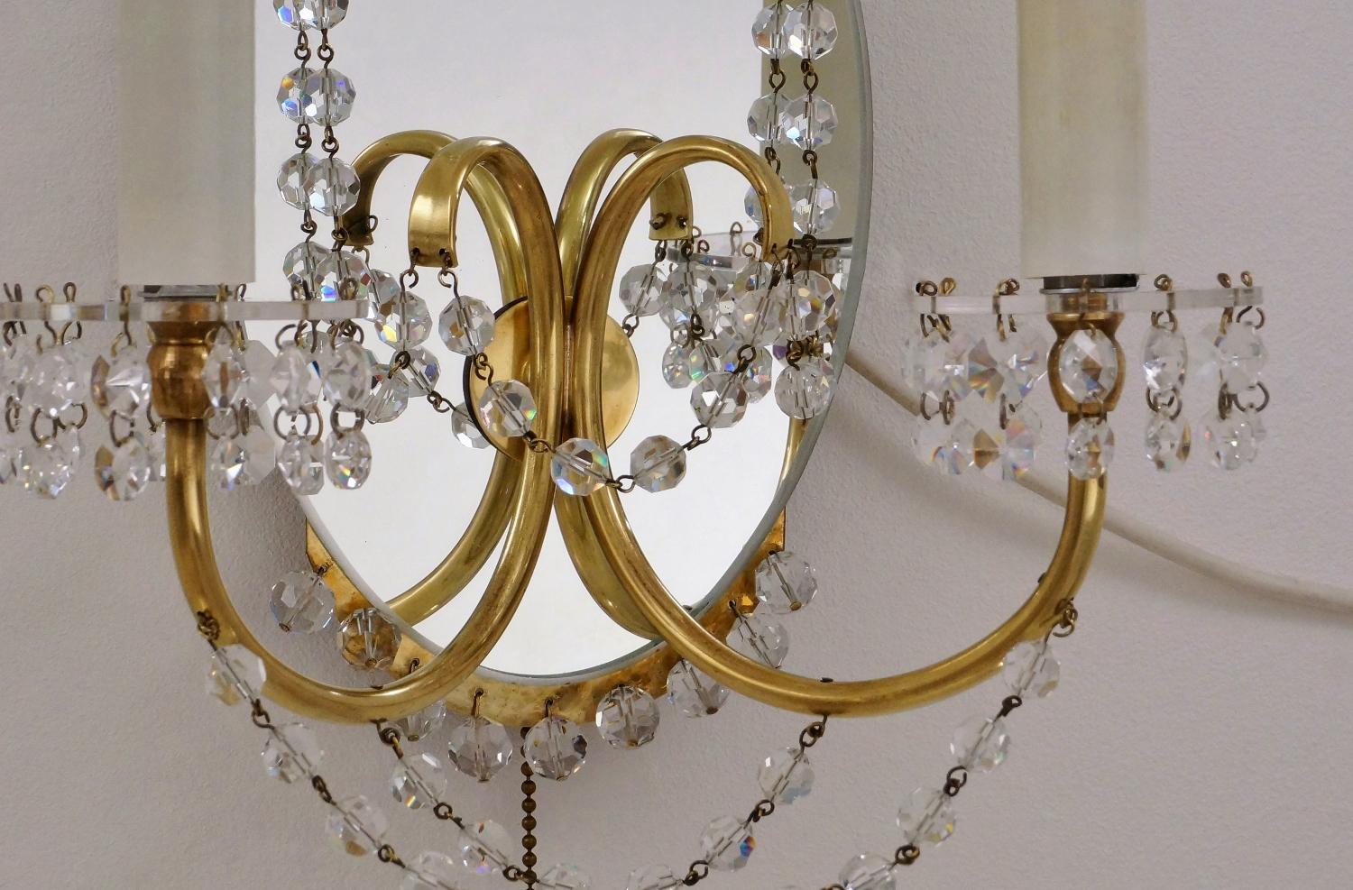 Maison Jansen Sconces Crystal Beads, Brass and Mirror, French, circa 1940s 10