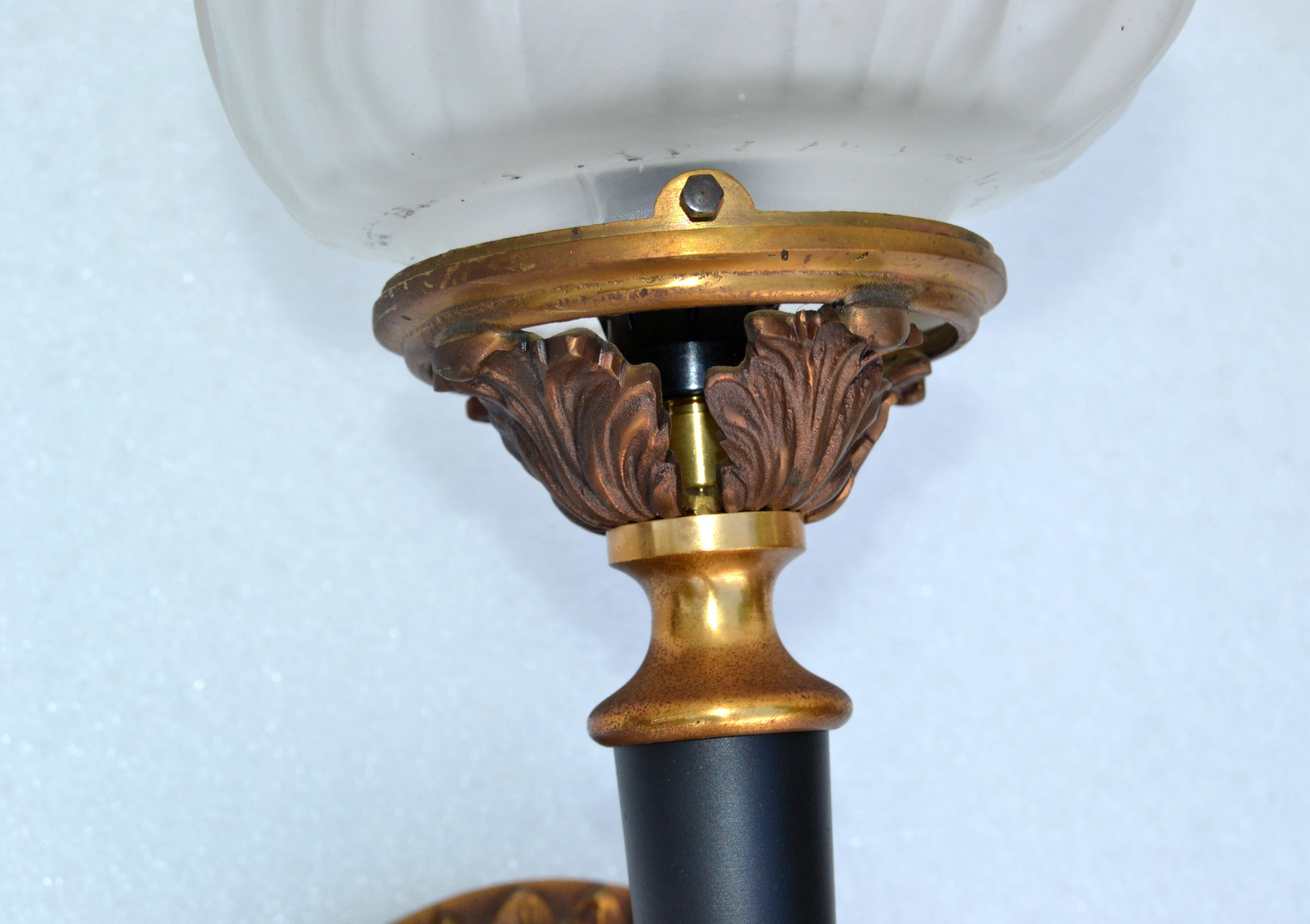 Maison Jansen Sconces Solid Bronze & Blown Glass Flame Shade France 1950, Pair For Sale 4