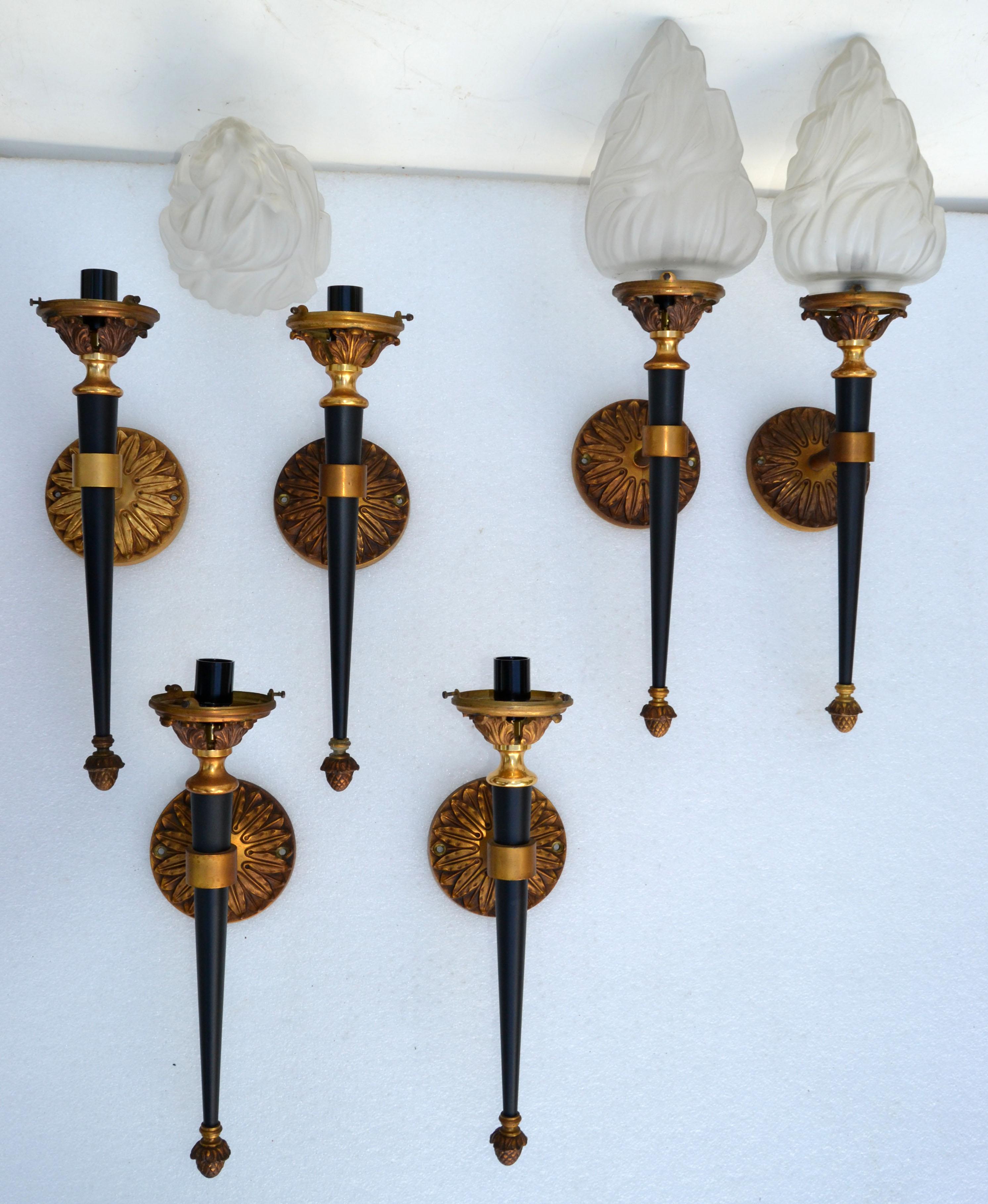 Maison Jansen Sconces Solid Bronze & Blown Glass Flame Shade France 1950, Pair For Sale 9