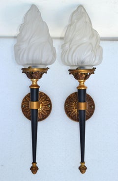 Maison Jansen Sconces Solid Bronze & Blown Glass Flame Shade France 1950, Pair