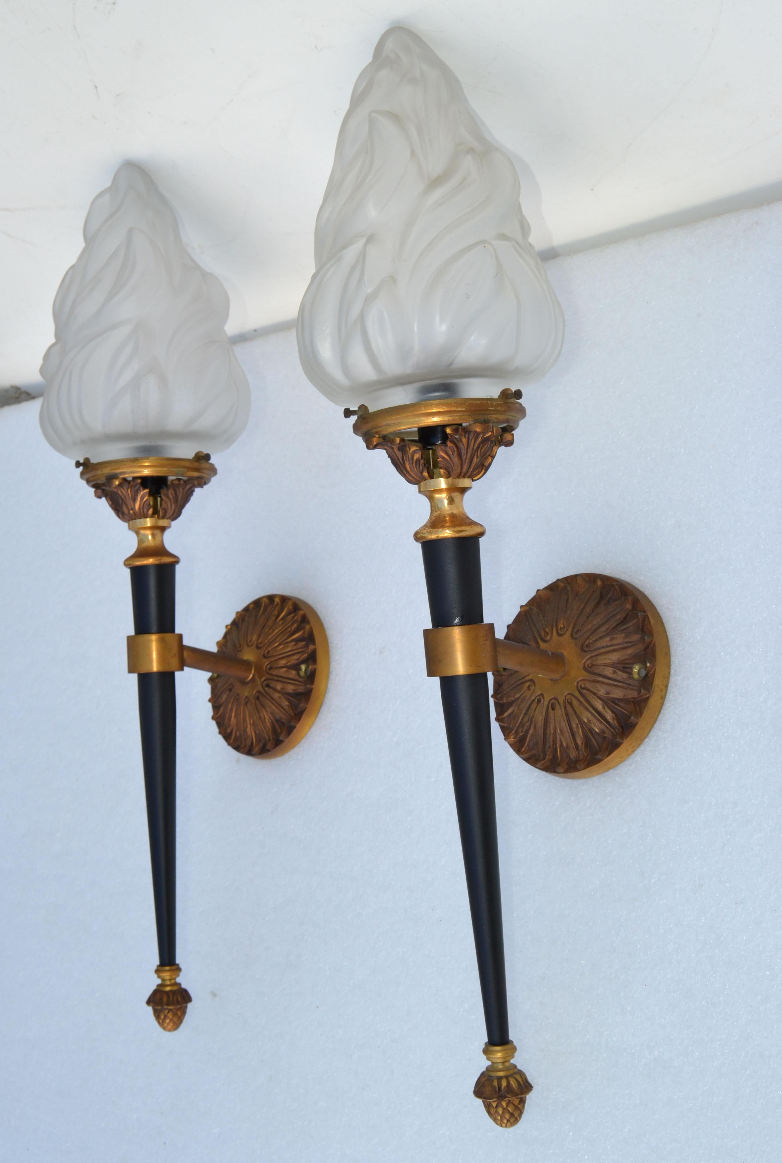 Neoclassical Maison Jansen Sconces Solid Bronze & Blown Glass Flame Shade France 1950, Pair For Sale