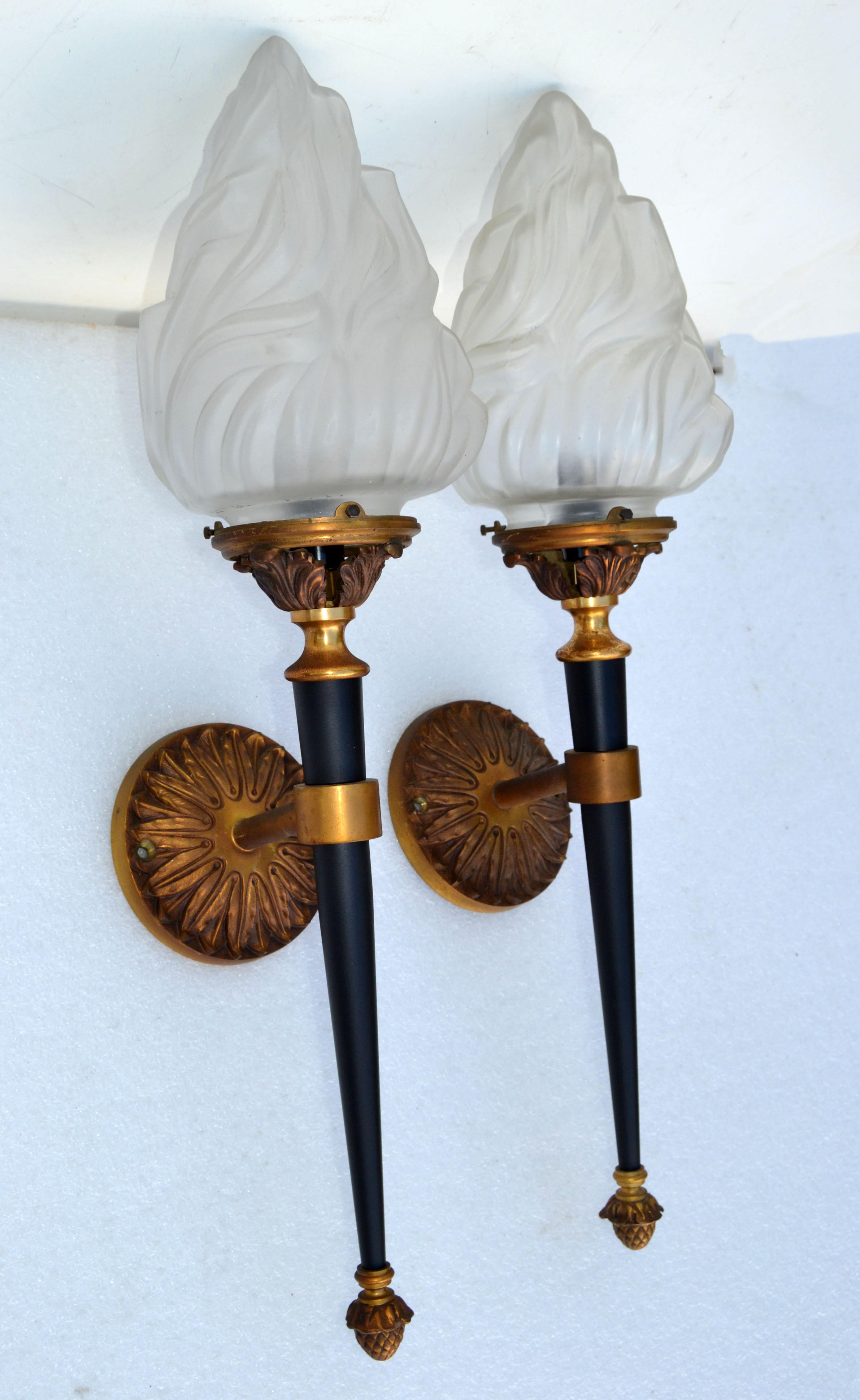 Neoclassical Maison Jansen Sconces Solid Bronze & Blown Glass Flame Shade France 1950, Pair For Sale
