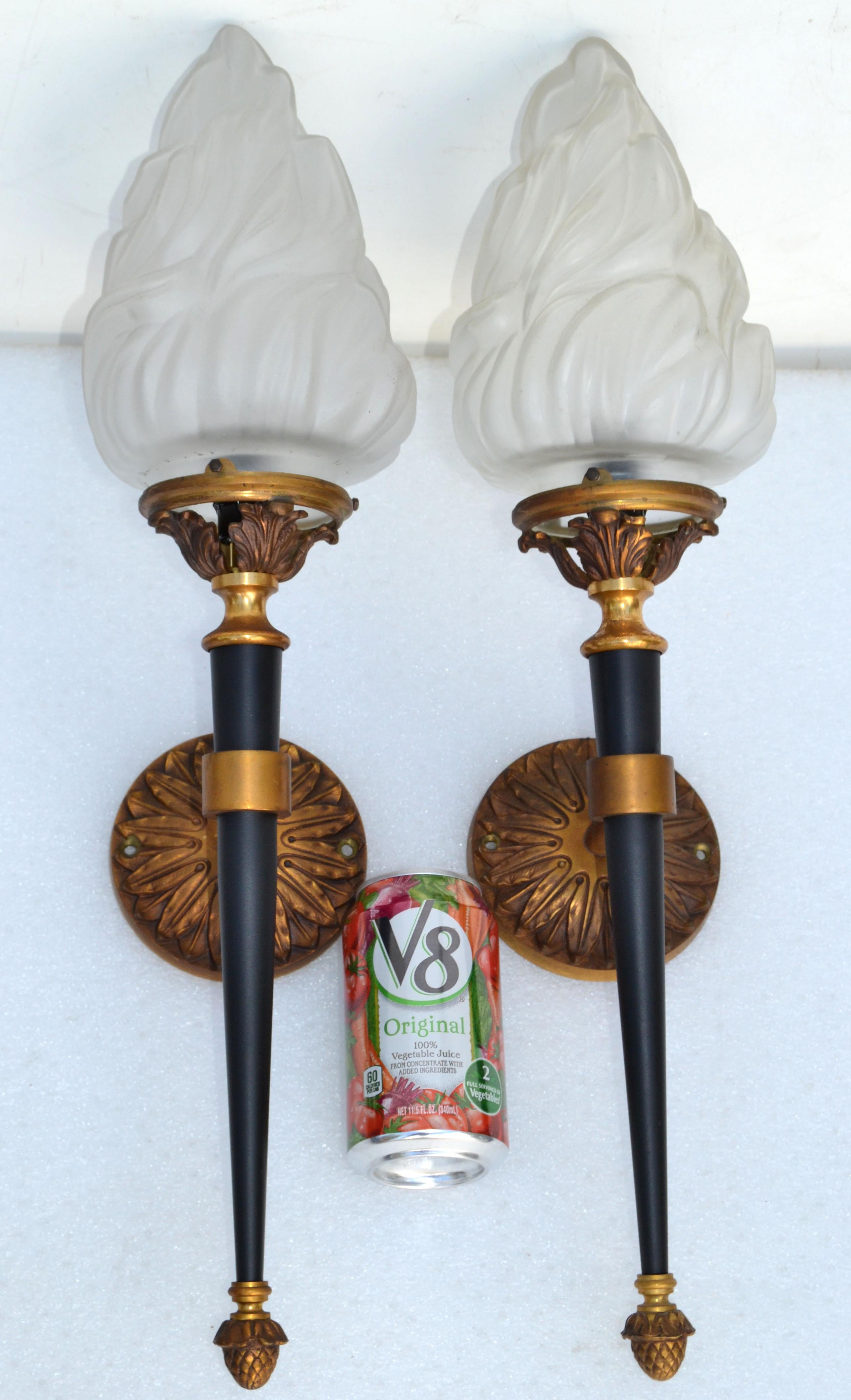 French Maison Jansen Sconces Solid Bronze & Blown Glass Flame Shade France 1950, Pair For Sale