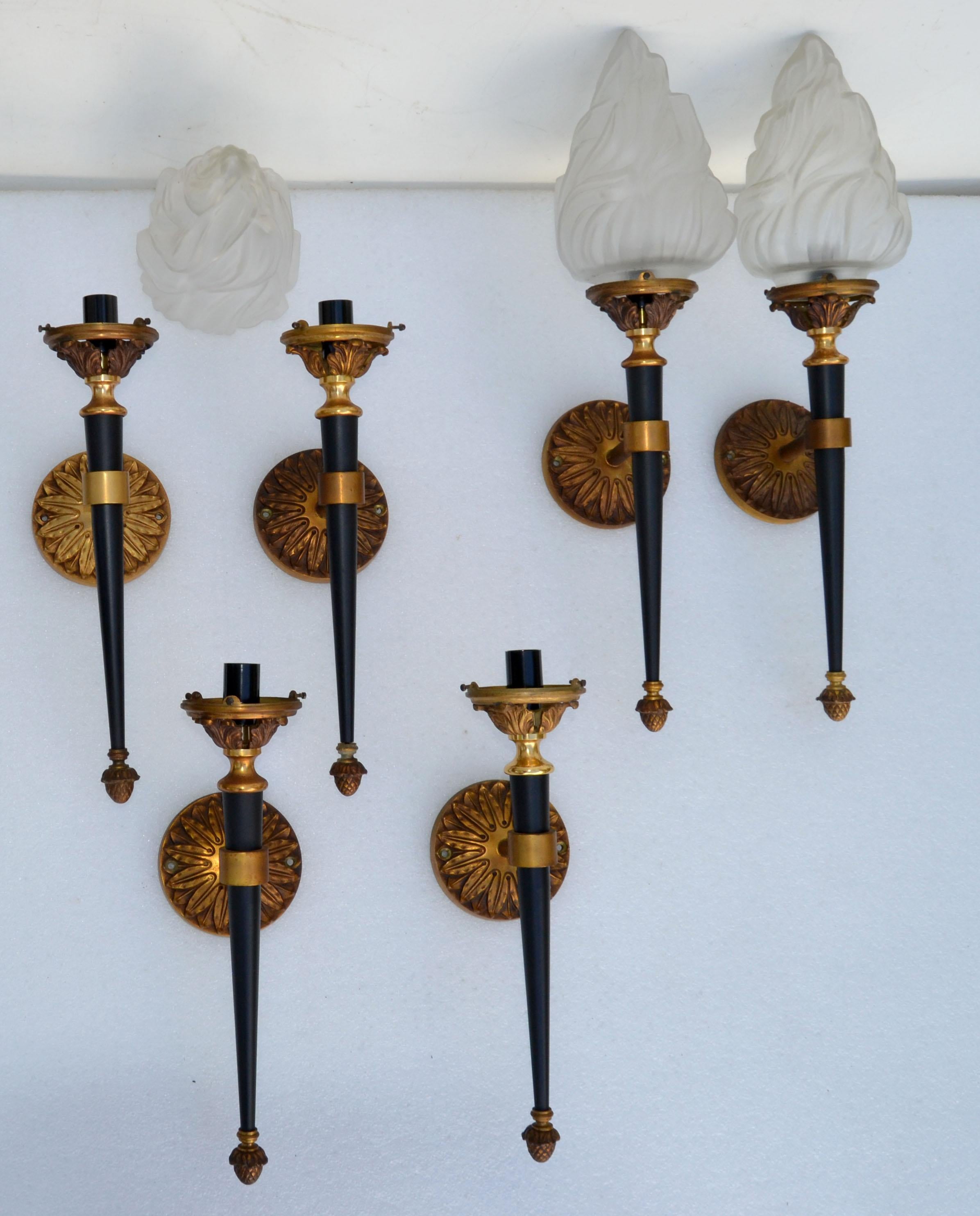 Mid-20th Century Maison Jansen Sconces Solid Bronze & Blown Glass Flame Shade France 1950, Pair For Sale
