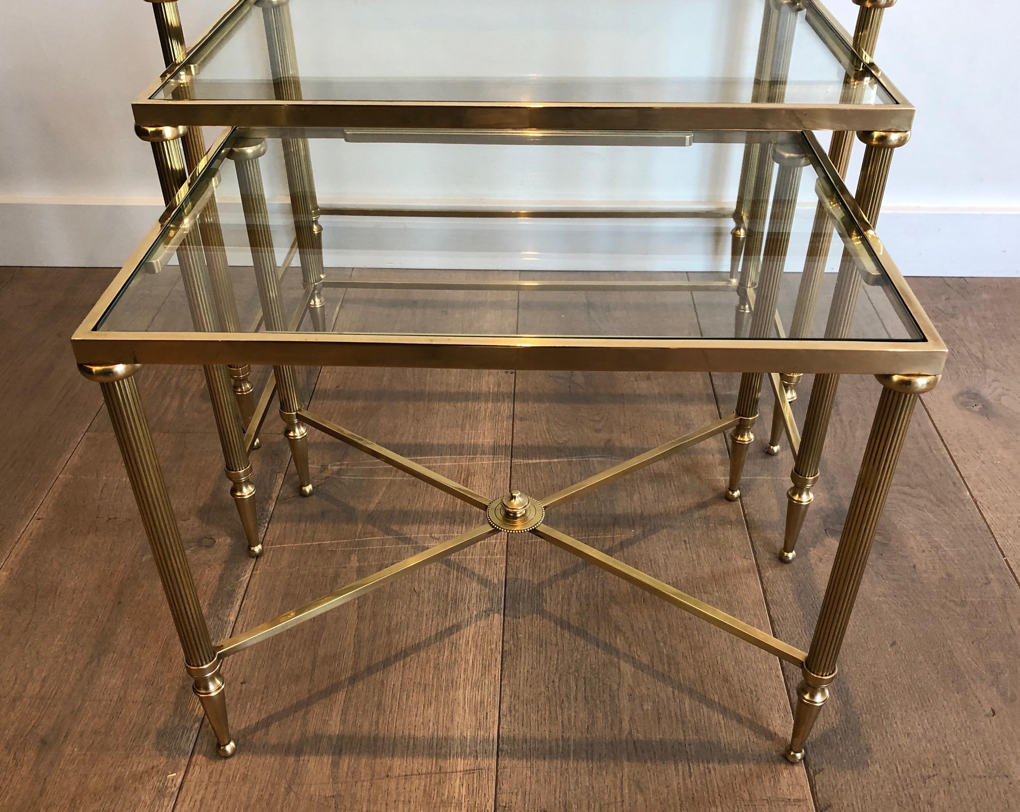 Maison Jansen, Set of 3 Brass and Glass Nesting Tables, French, Circa 1940 4