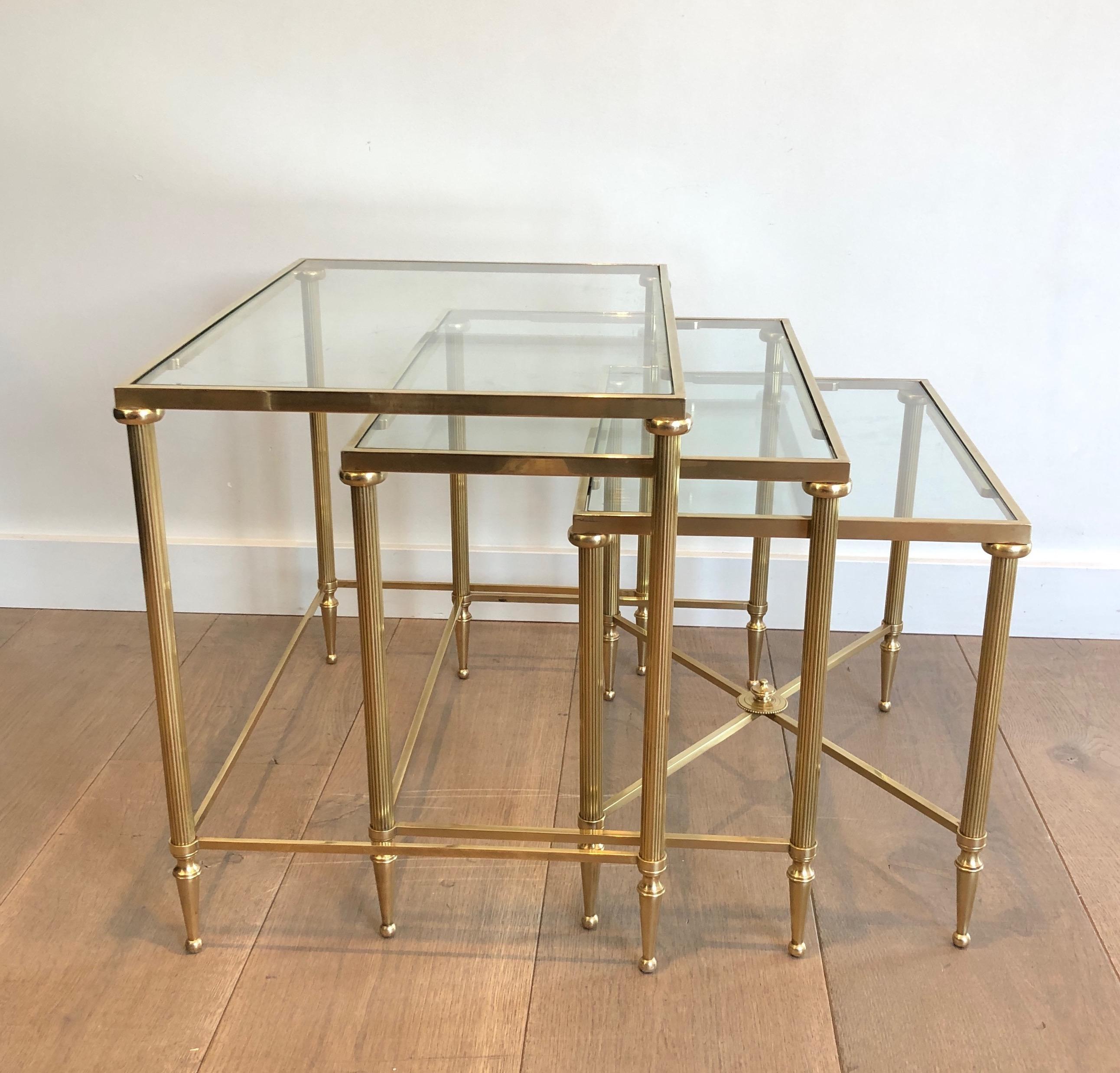 Maison Jansen, Set of 3 Brass and Glass Nesting Tables, French, Circa 1940 6