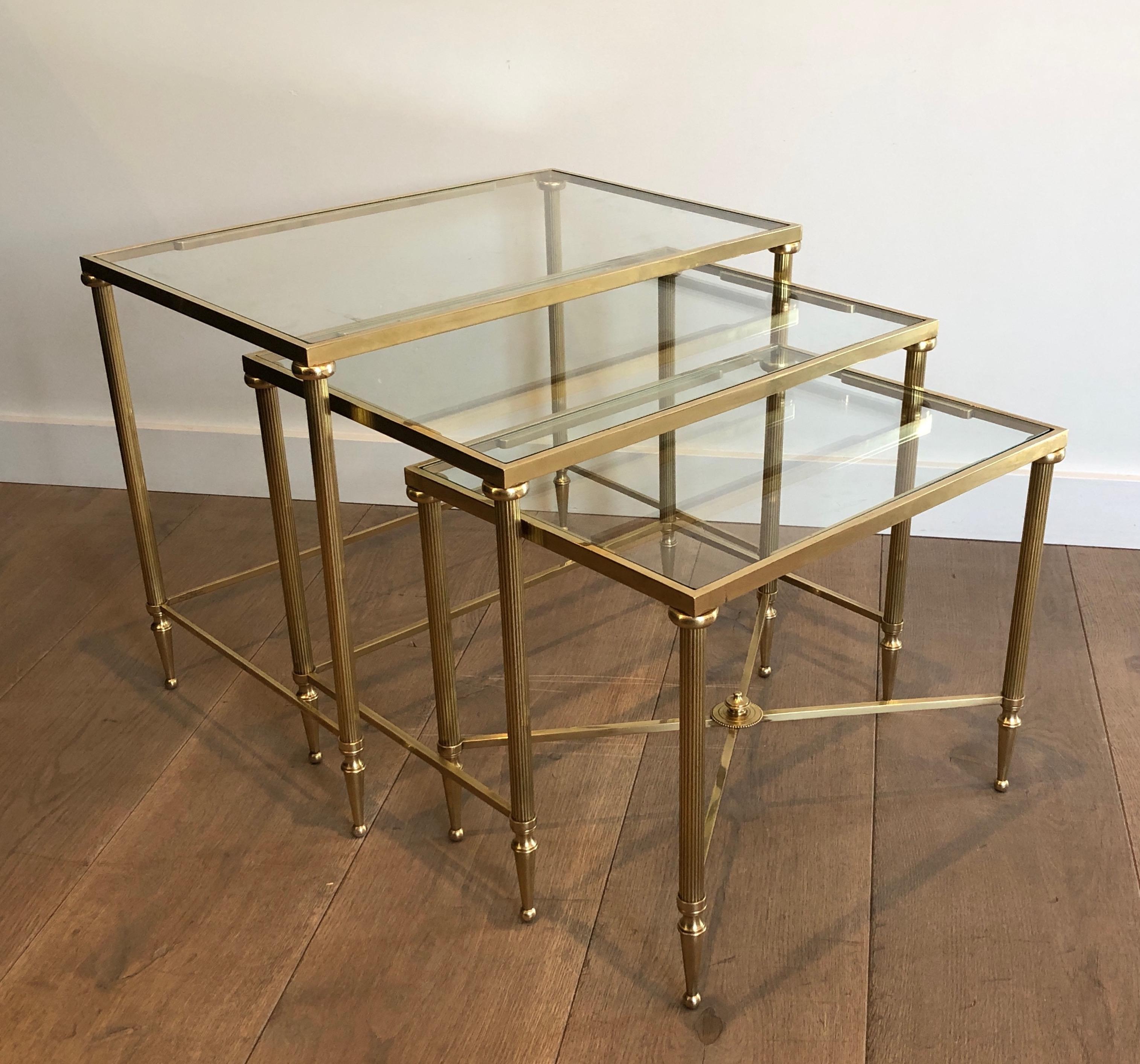 Maison Jansen, Set of 3 Brass and Glass Nesting Tables, French, Circa 1940 7