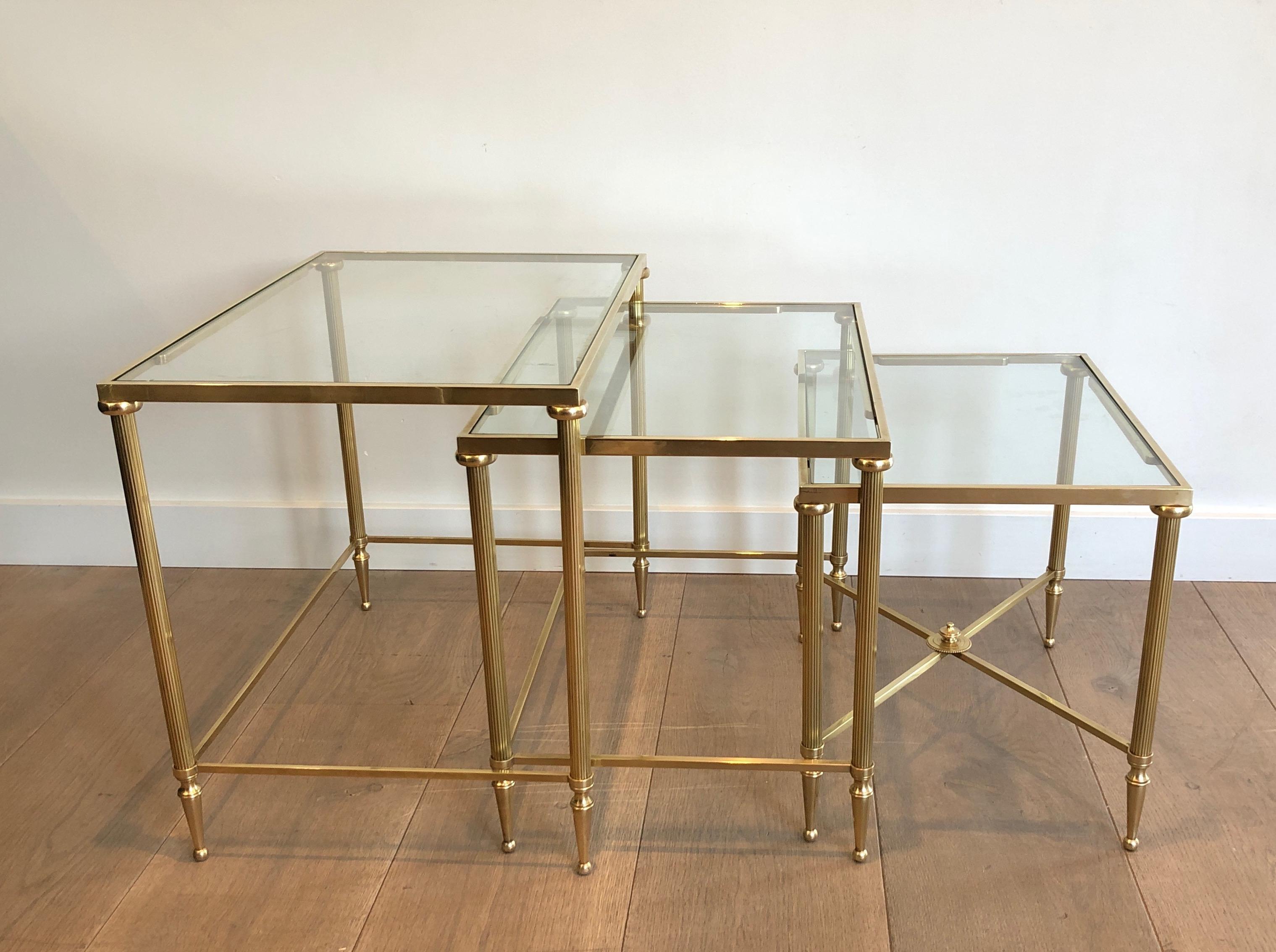Maison Jansen, Set of 3 Brass and Glass Nesting Tables, French, Circa 1940 8