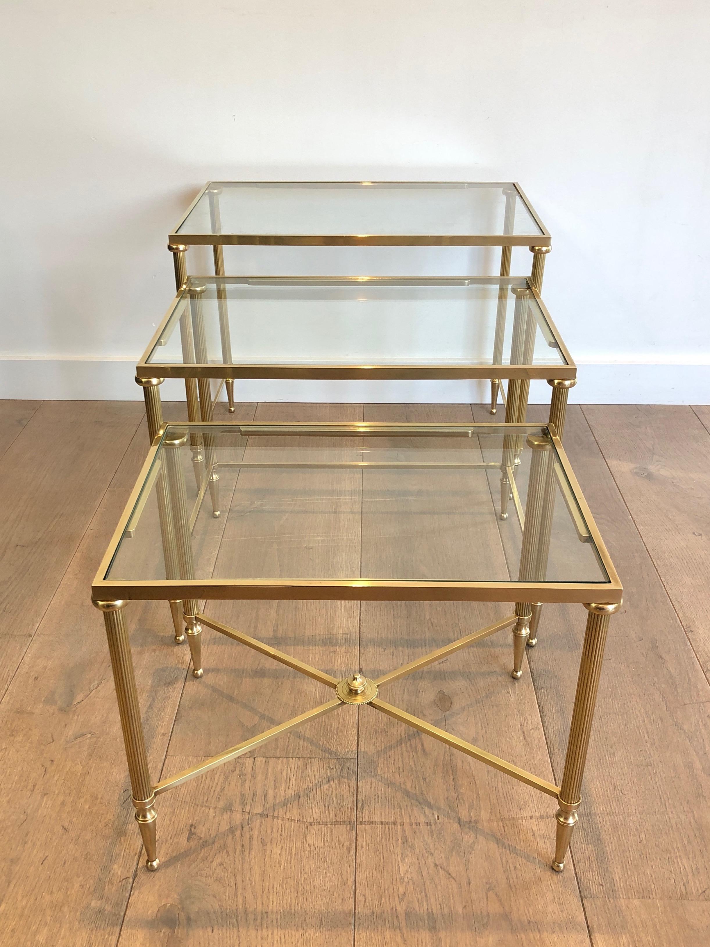 Maison Jansen, Set of 3 Brass and Glass Nesting Tables, French, Circa 1940 9