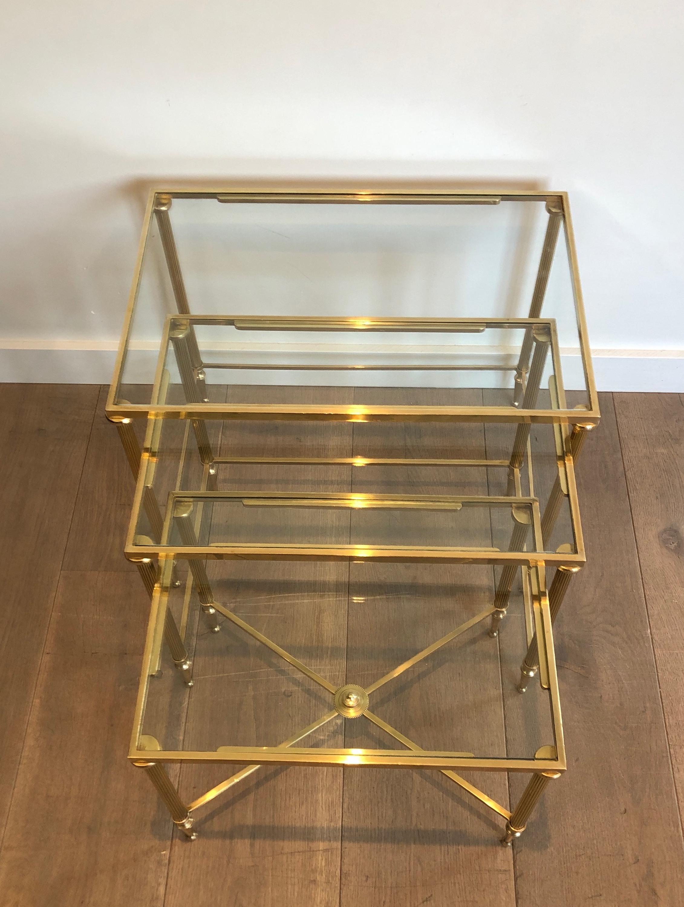 Maison Jansen, Set of 3 Brass and Glass Nesting Tables, French, Circa 1940 10