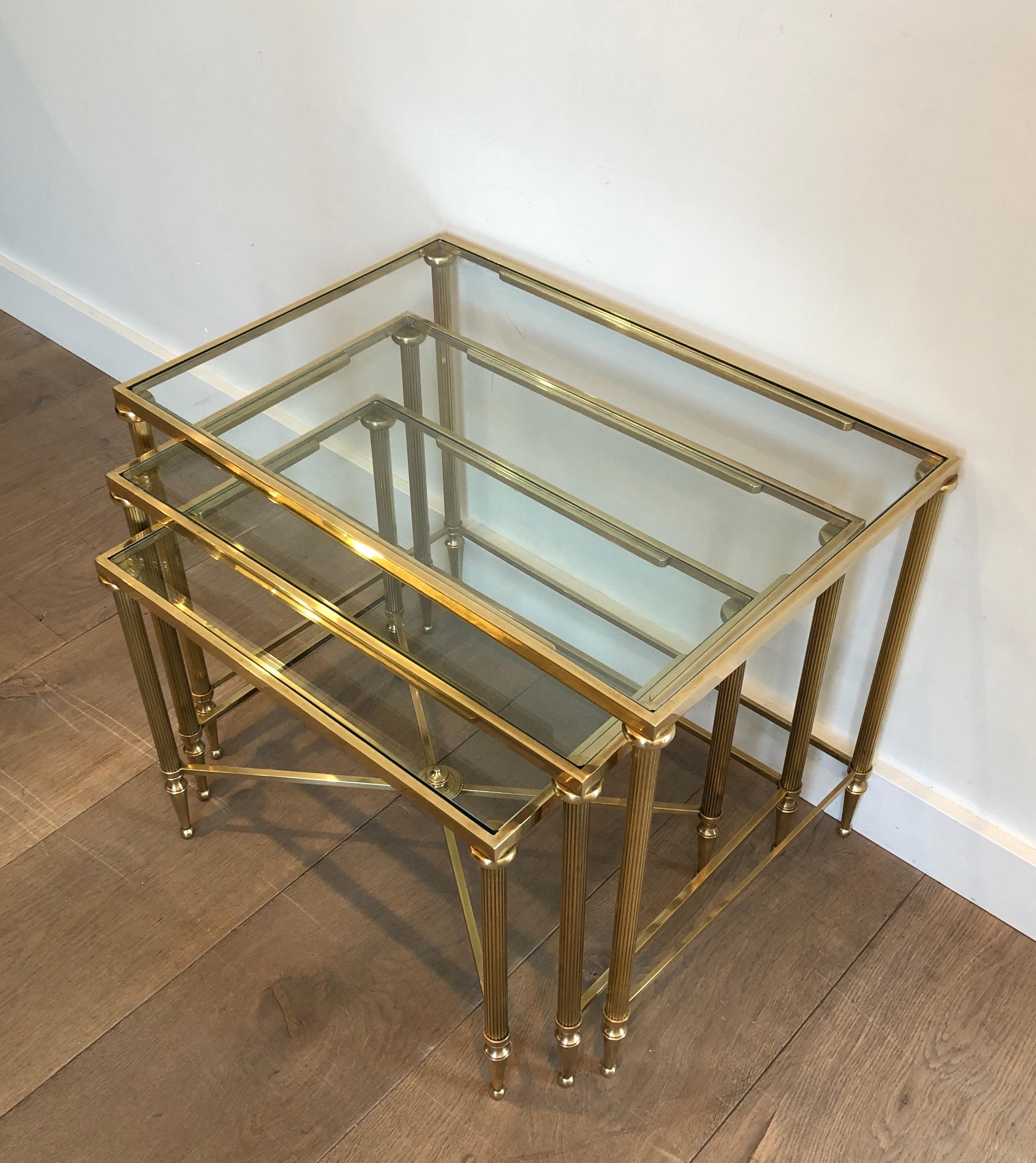 Maison Jansen, Set of 3 Brass and Glass Nesting Tables, French, Circa 1940 11