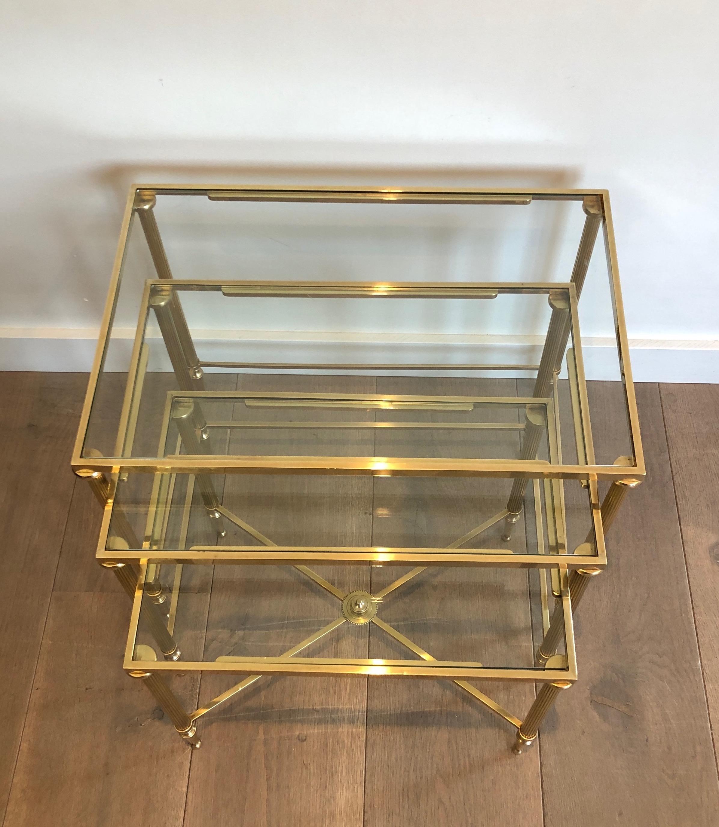 Maison Jansen, Set of 3 Brass and Glass Nesting Tables, French, Circa 1940 12