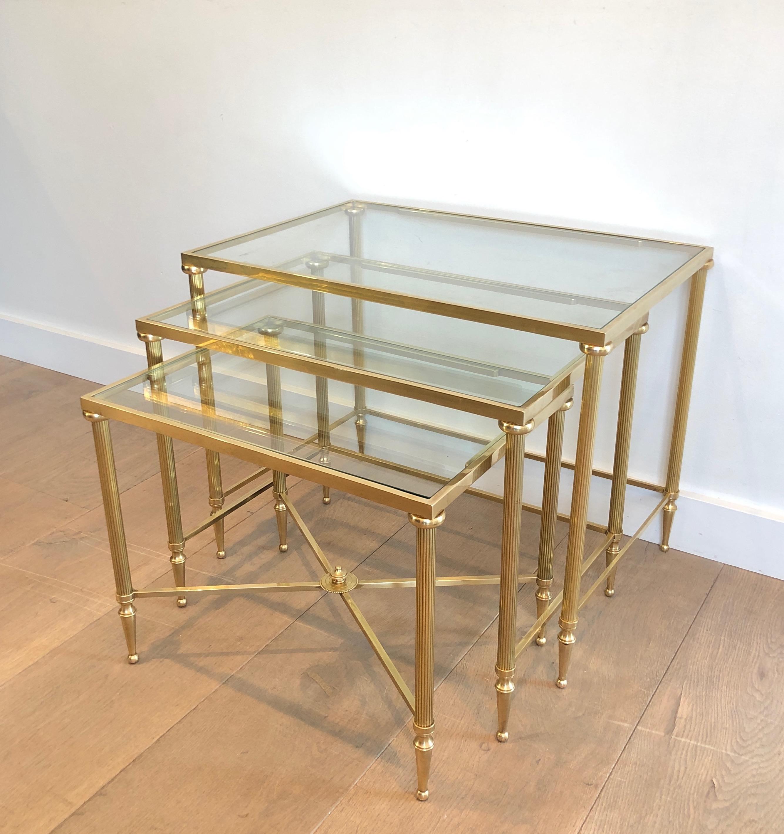 Maison Jansen, Set of 3 Brass and Glass Nesting Tables, French, Circa 1940 13