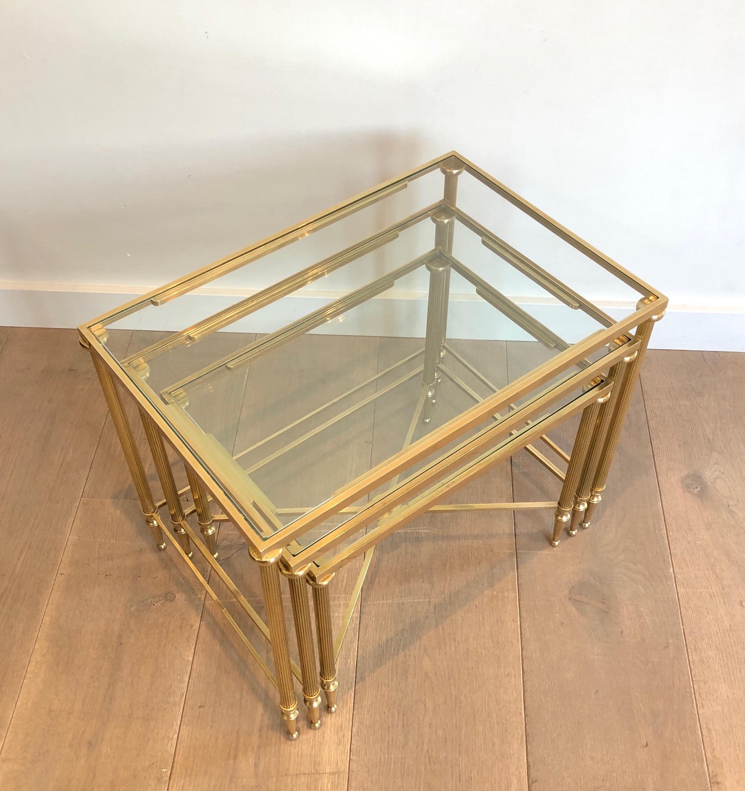 Maison Jansen, Set of 3 Brass and Glass Nesting Tables, French, Circa 1940 14