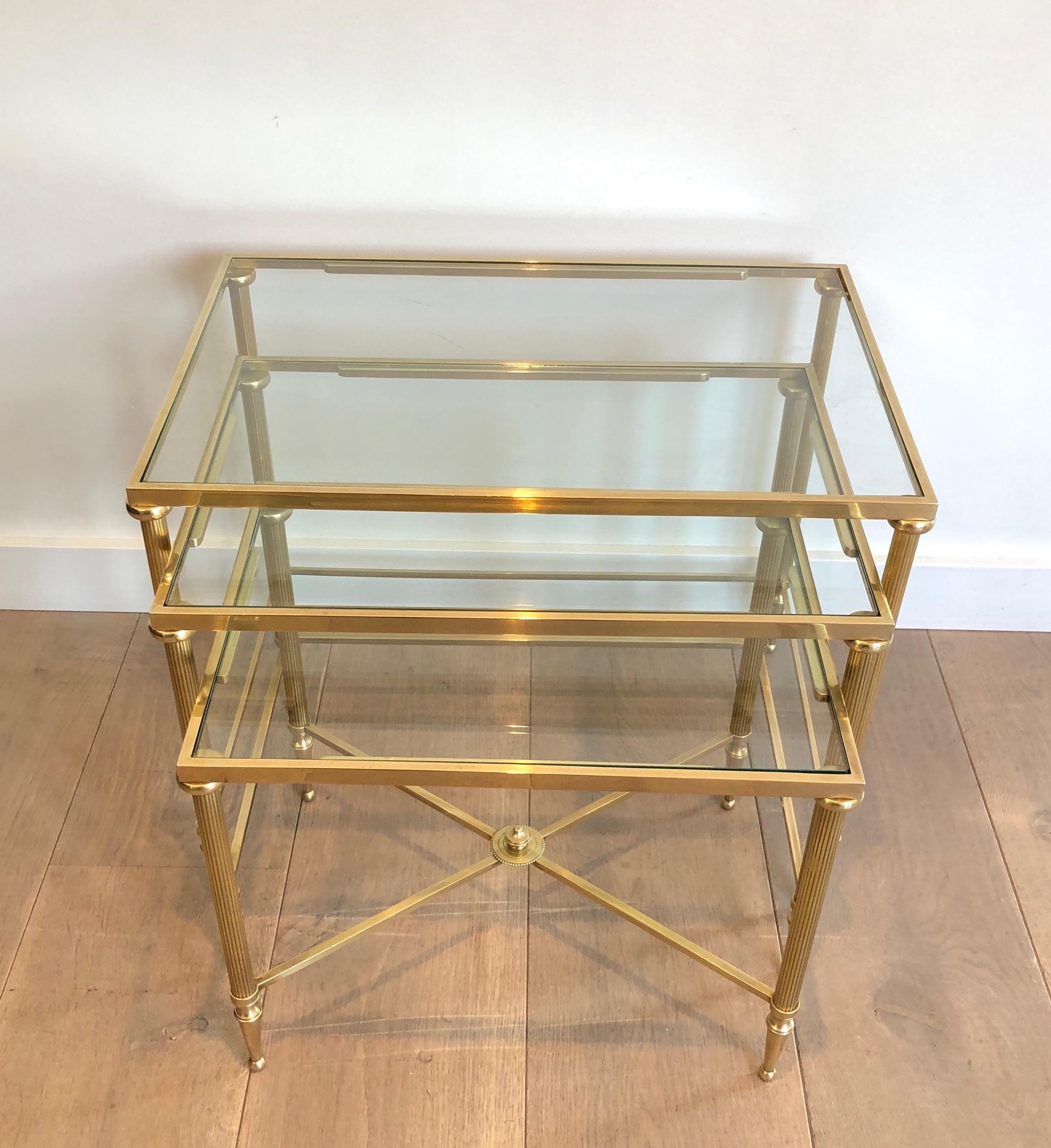 Neoclassical Maison Jansen, Set of 3 Brass and Glass Nesting Tables, French, Circa 1940