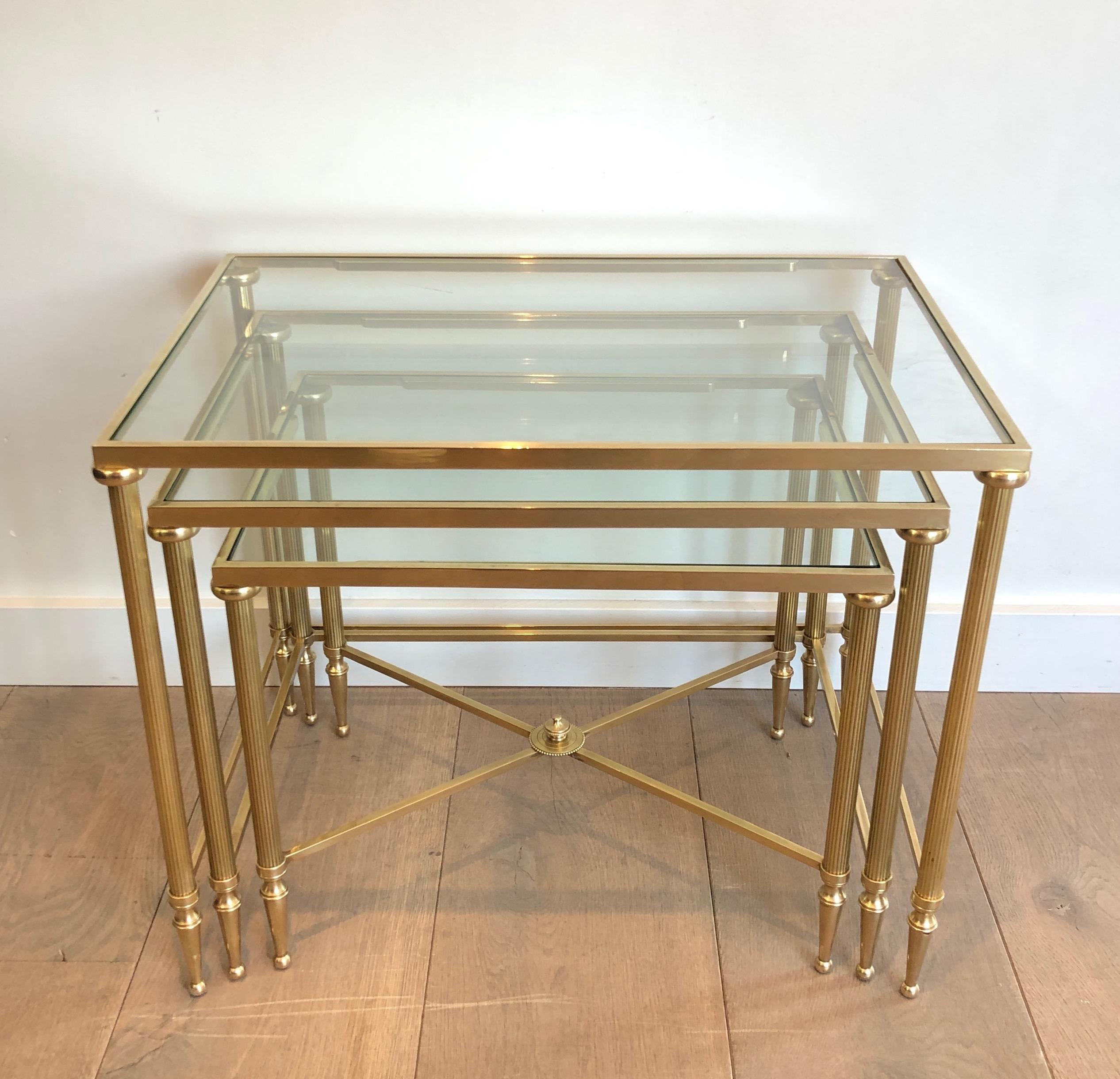 European Maison Jansen, Set of 3 Brass and Glass Nesting Tables, French, Circa 1940