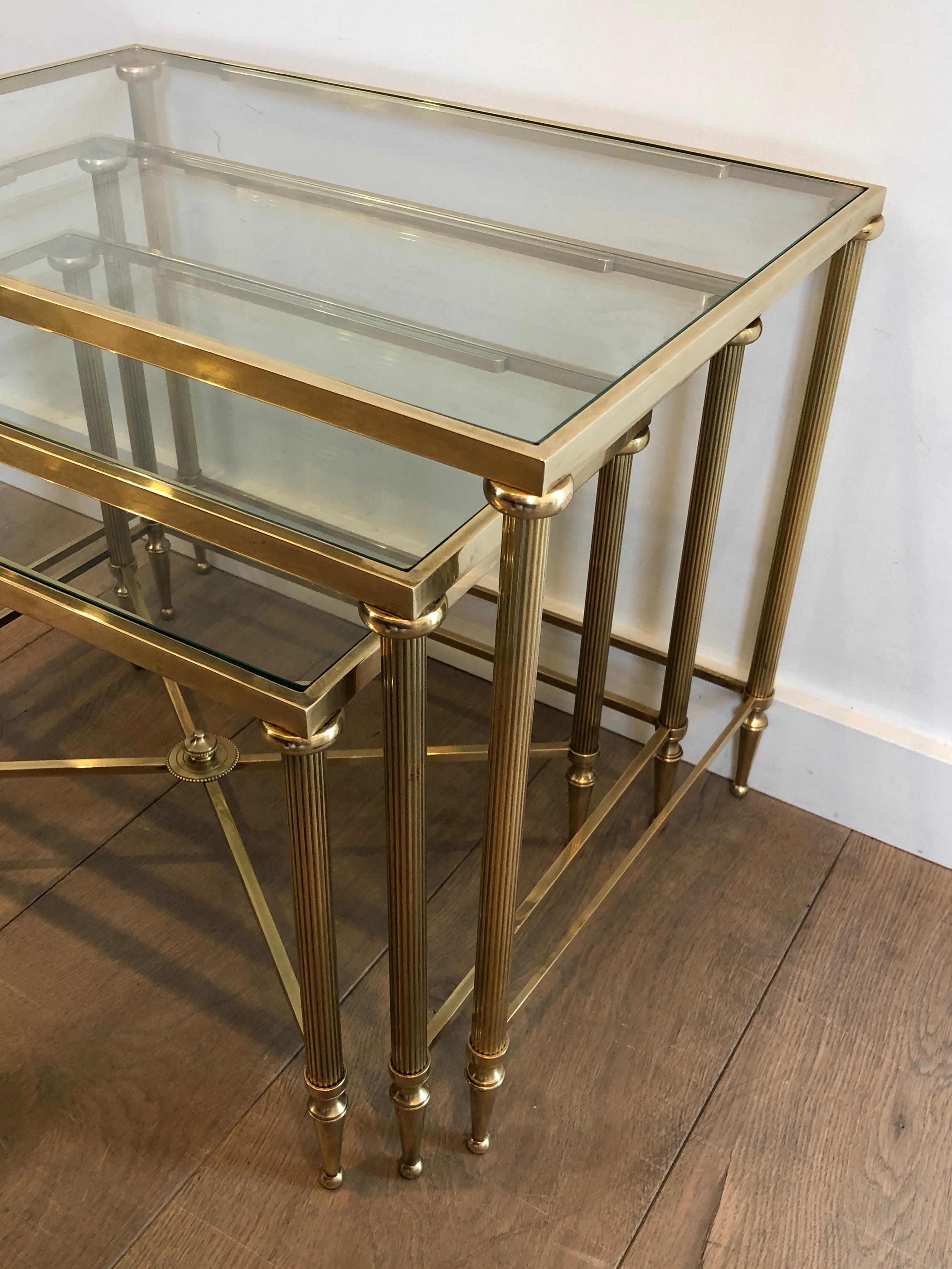 Mid-20th Century Maison Jansen, Set of 3 Brass and Glass Nesting Tables, French, Circa 1940