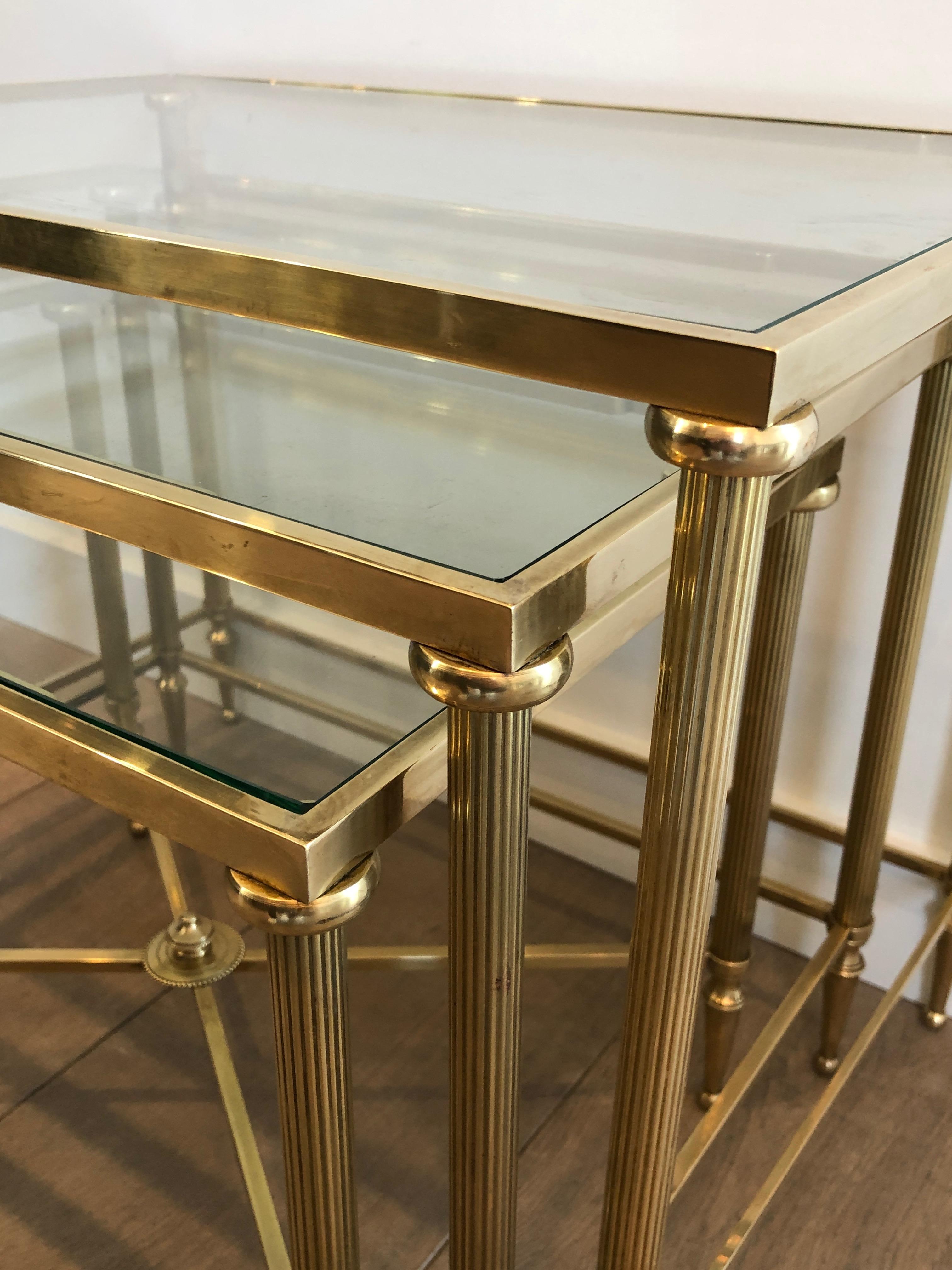Maison Jansen, Set of 3 Brass and Glass Nesting Tables, French, Circa 1940 1