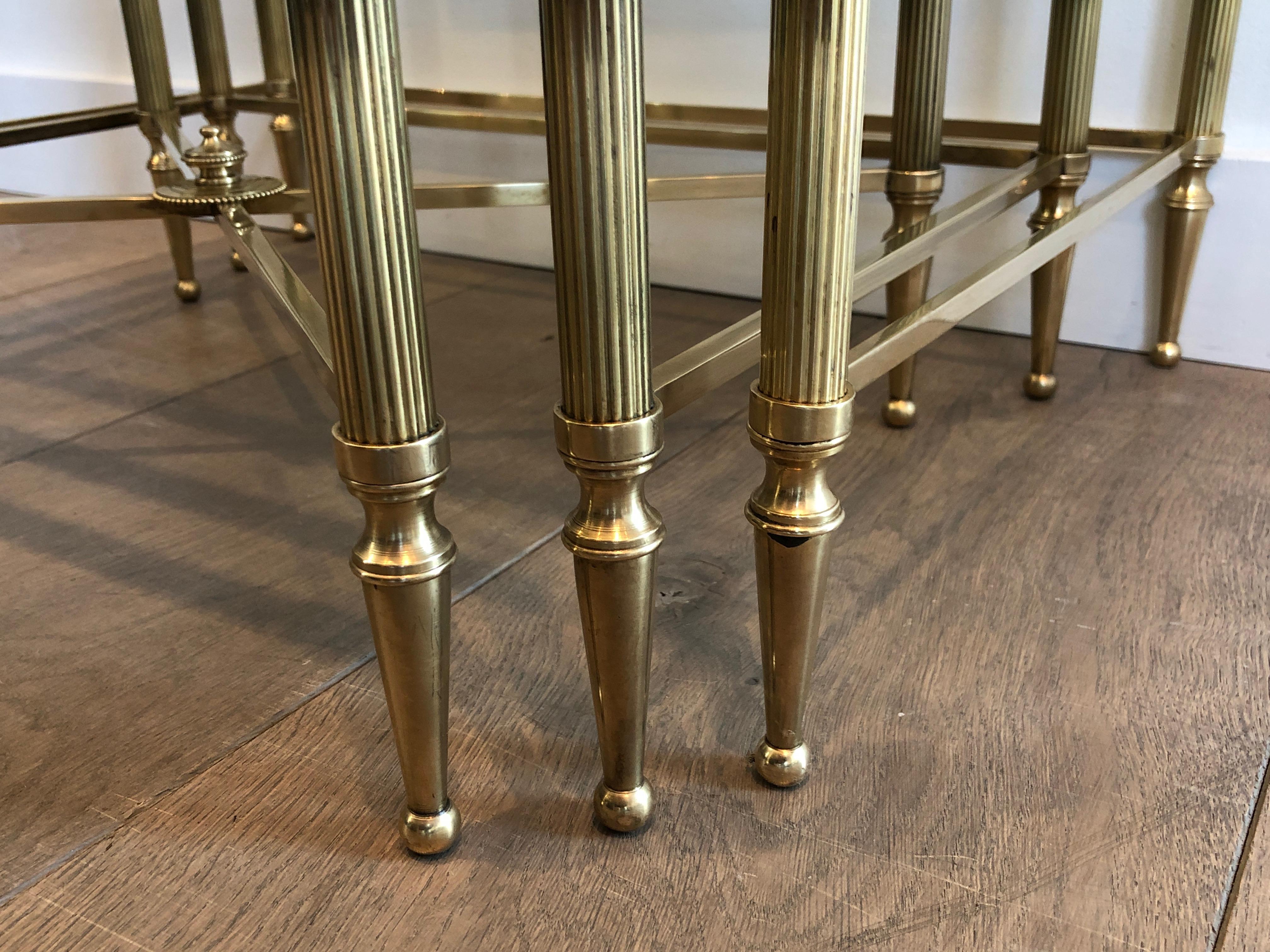 Maison Jansen, Set of 3 Brass and Glass Nesting Tables, French, Circa 1940 2