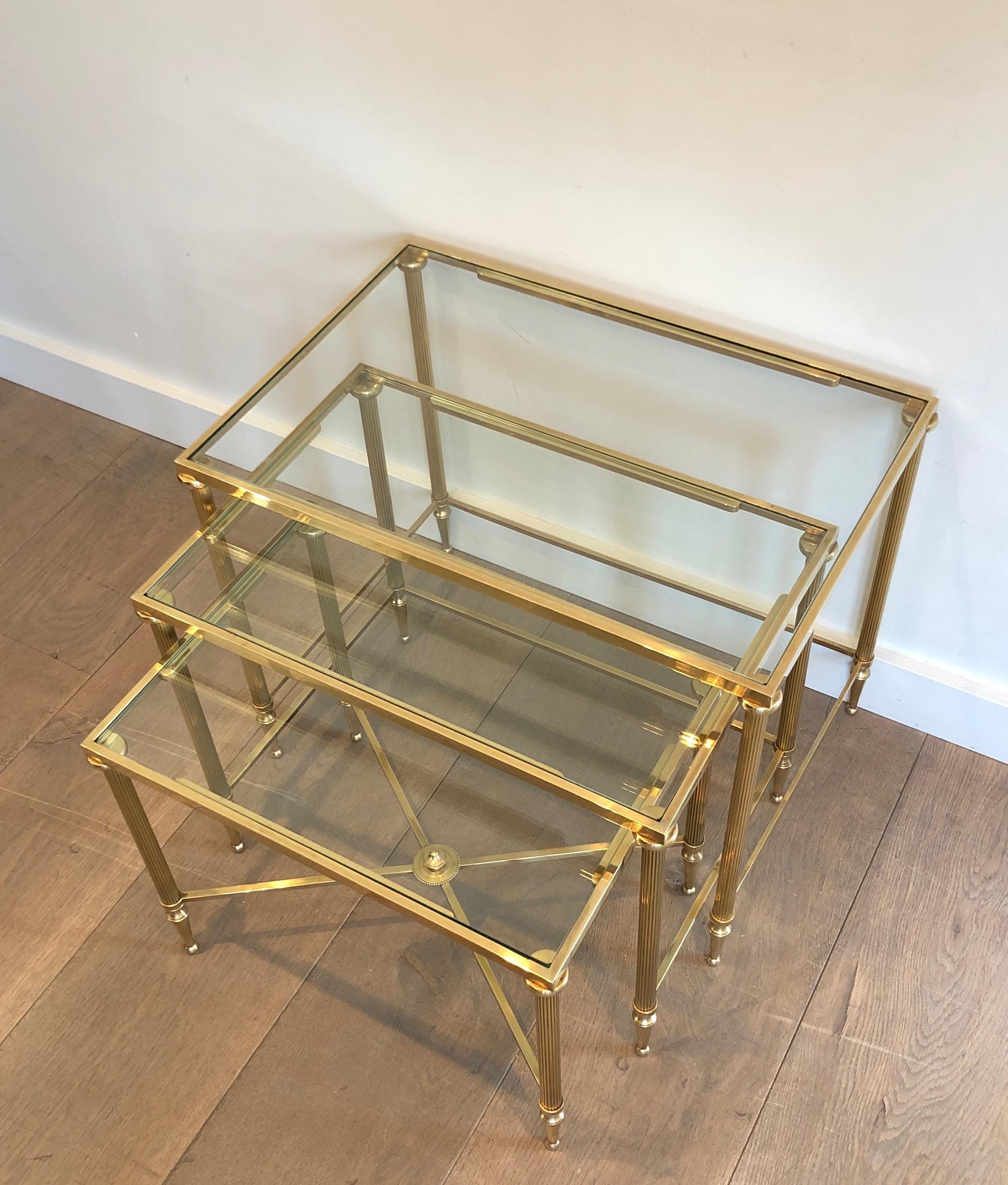 Maison Jansen, Set of 3 Brass and Glass Nesting Tables, French, Circa 1940 3