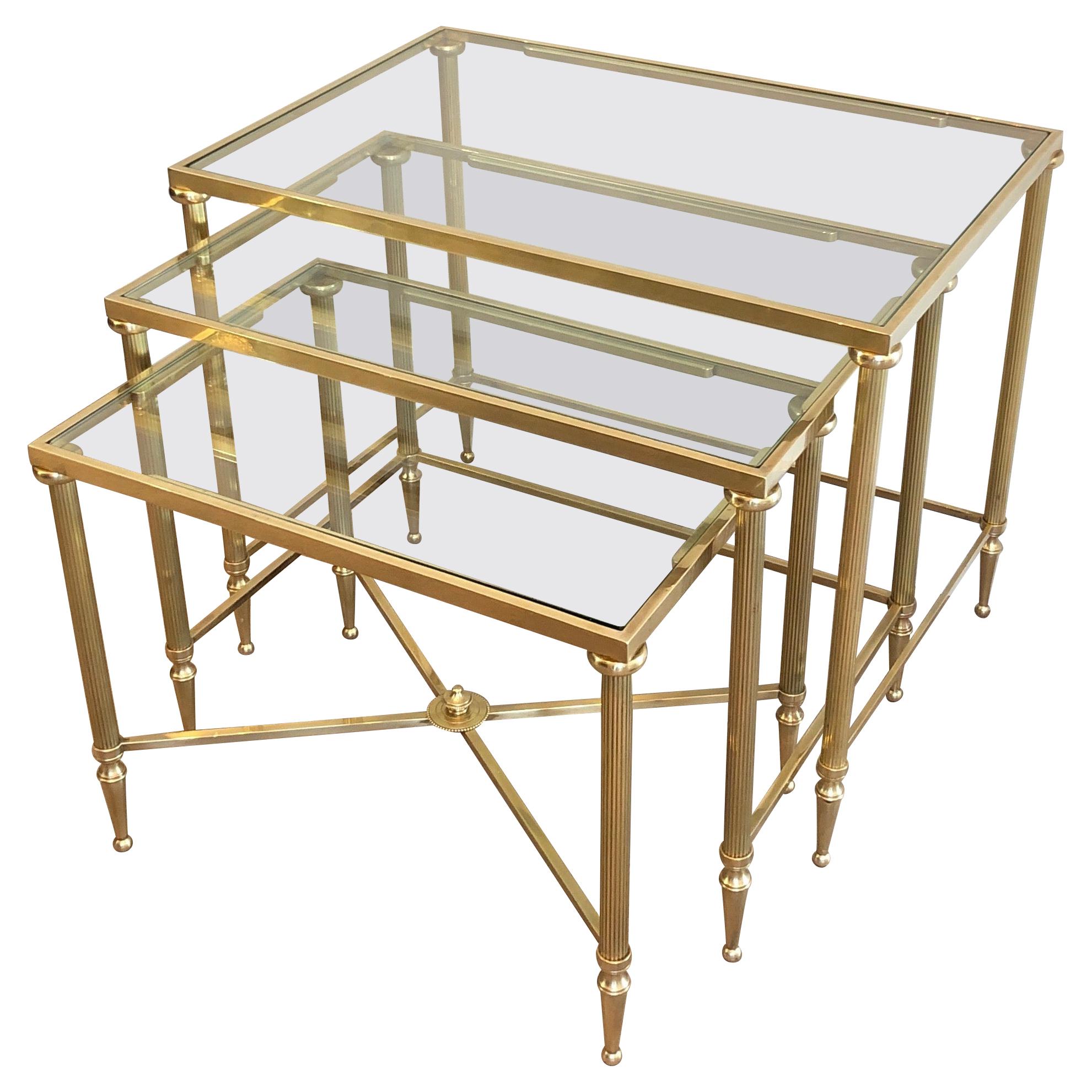 Maison Jansen, Set of 3 Brass and Glass Nesting Tables, French, Circa 1940