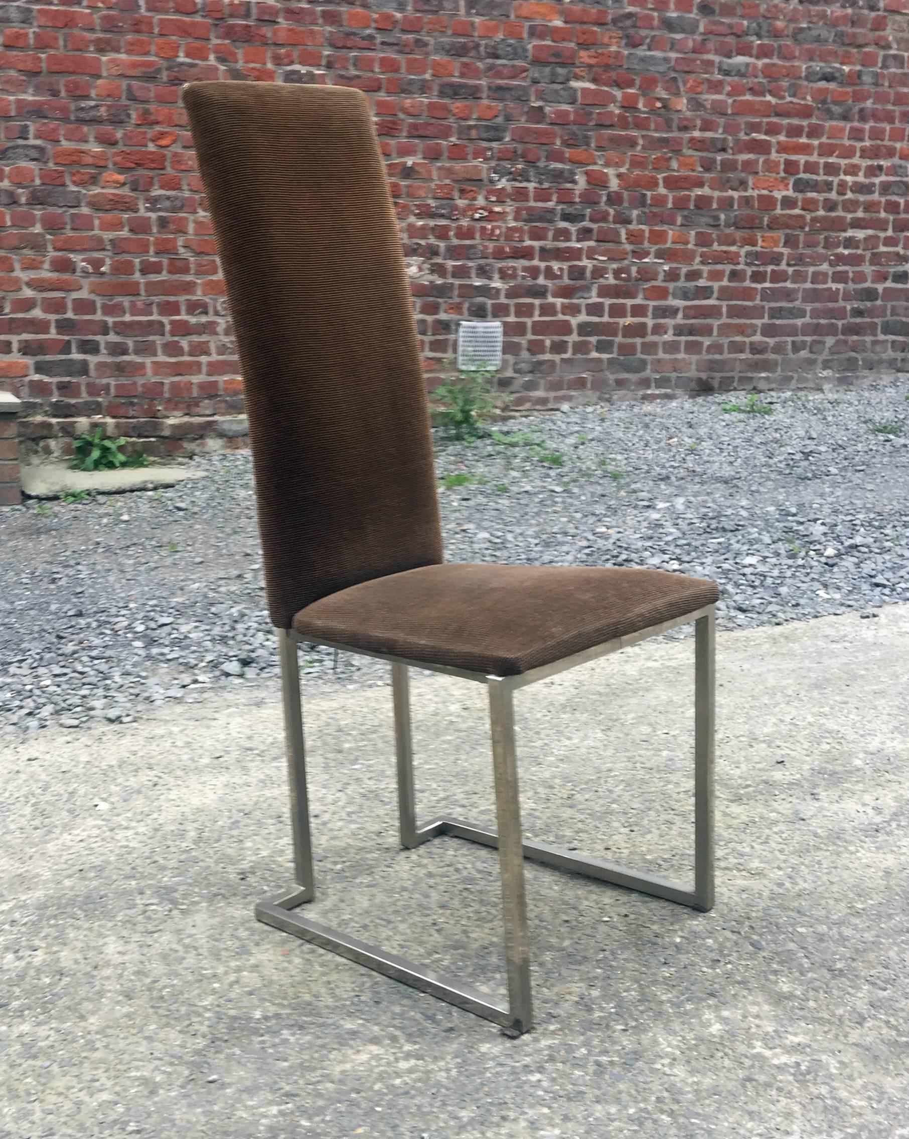 Modern Maison Jansen, Set of Six 1970s Chairs in Chrome Metal and Velvet For Sale