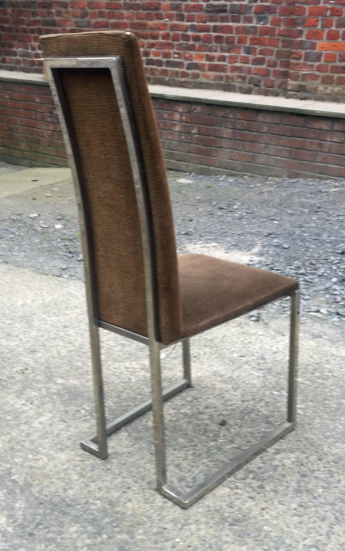 French Maison Jansen, Set of Six 1970s Chairs in Chrome Metal and Velvet For Sale