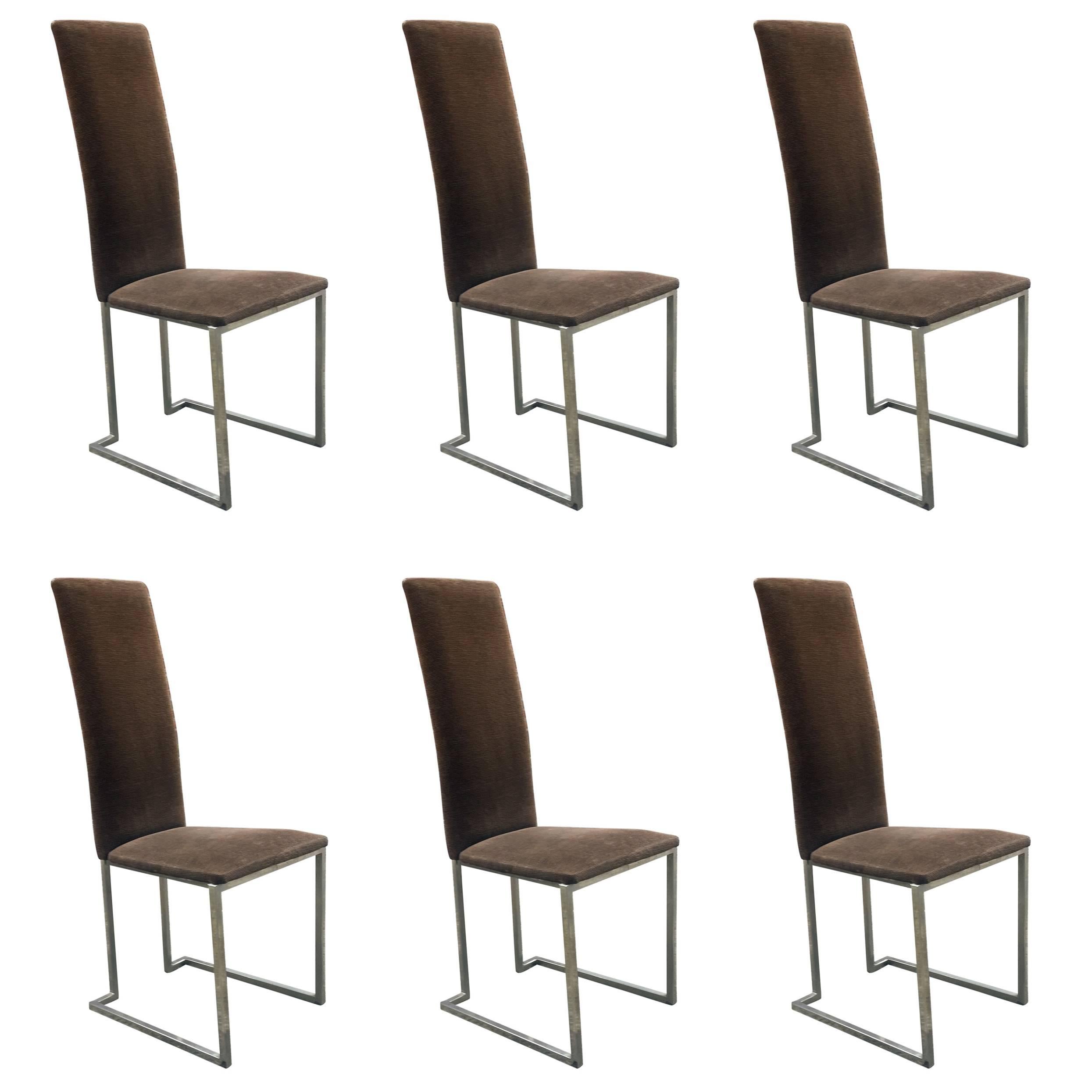 Maison Jansen, Set of Six 1970s Chairs in Chrome Metal and Velvet For Sale