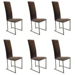 Retro Maison Jansen, Set of Six 1970s Chairs in Chrome Metal and Velvet