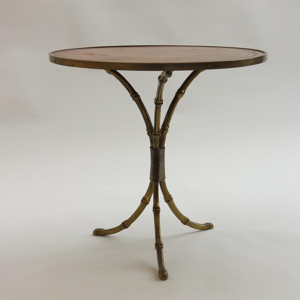 Mid-Century Modern Maison Jansen Side Table Faux Brass Bamboo and Leather Midcentury Side Table