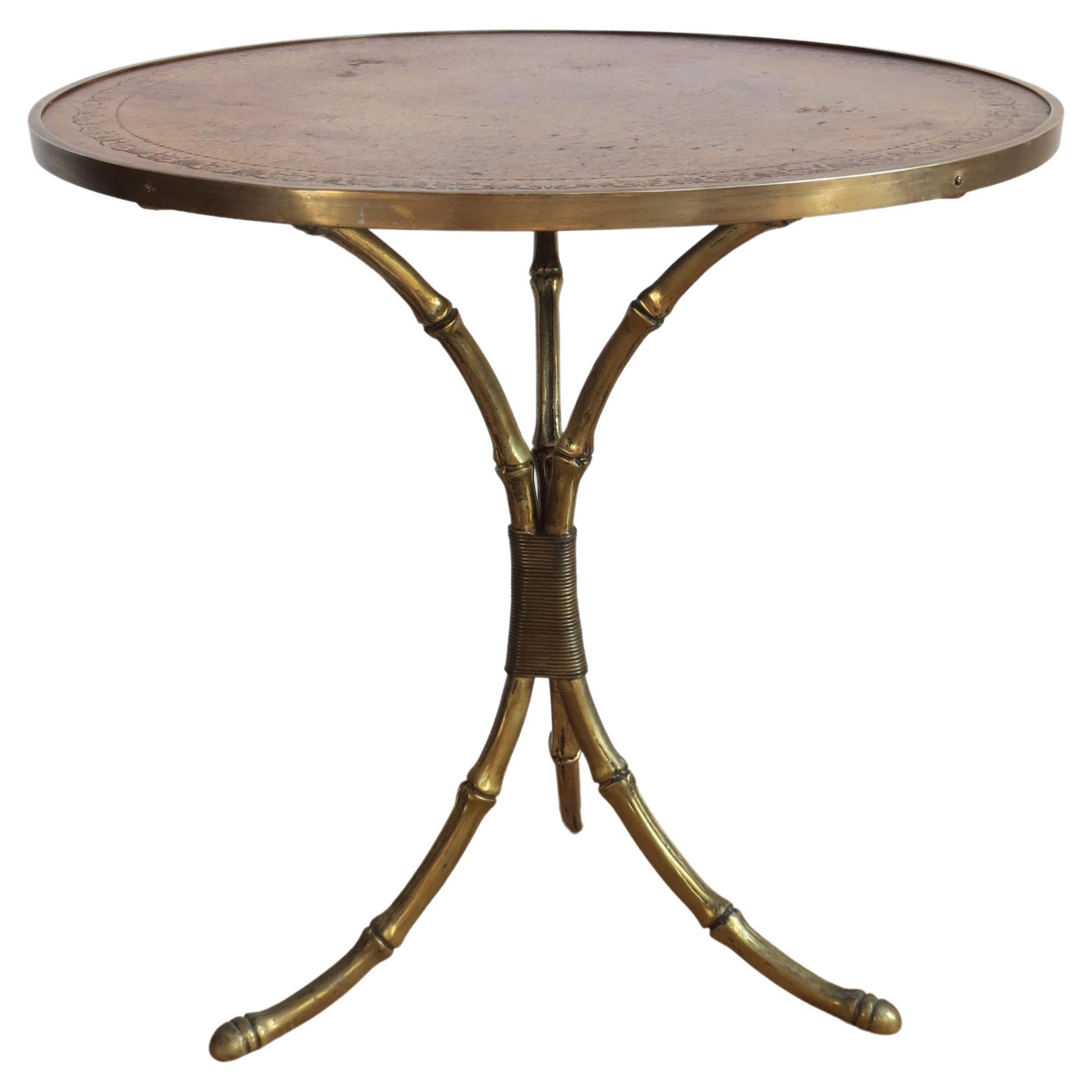 Maison Jansen Side Table Faux Brass Bamboo and Leather Midcentury Side Table