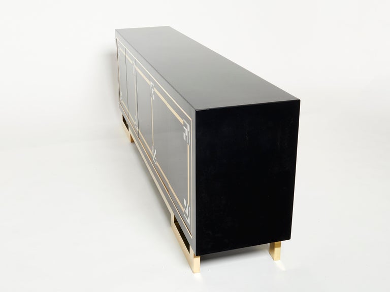 Maison Jansen Sideboard Brass Black Lacquered Shell Inlays 1970s For Sale 4
