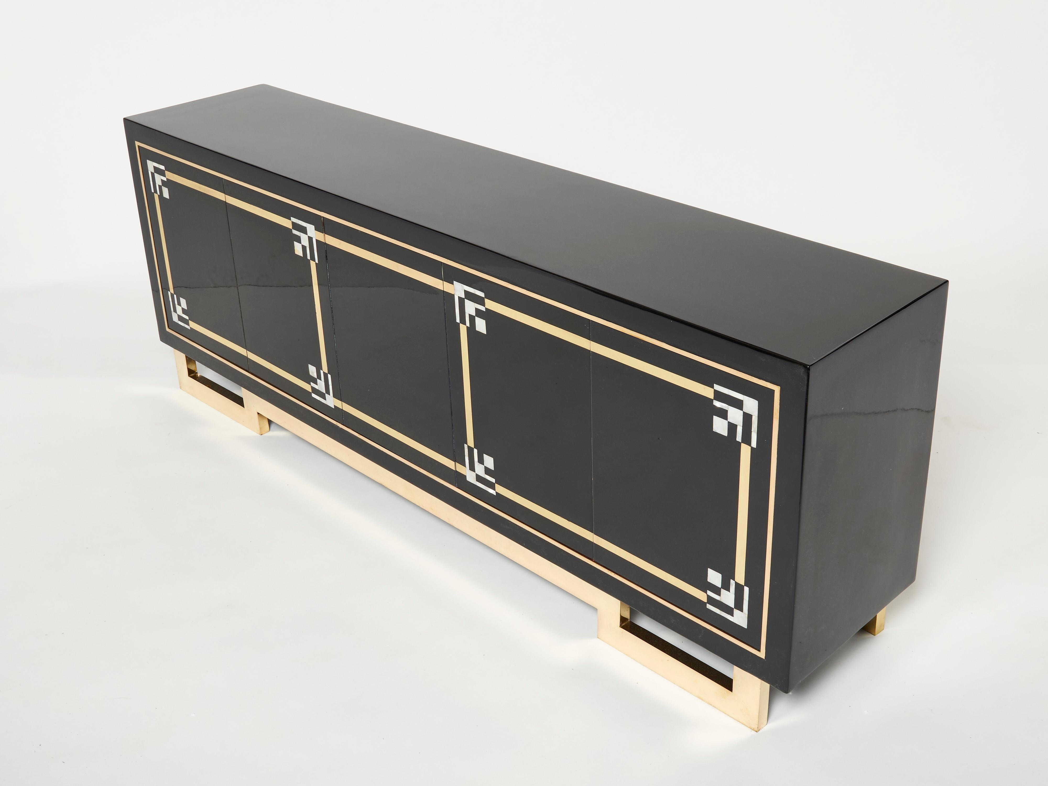 Mid-Century Modern Sideboard Brass Black Lacquered Shell Inlays 1970s in the style of Maison Jansen For Sale