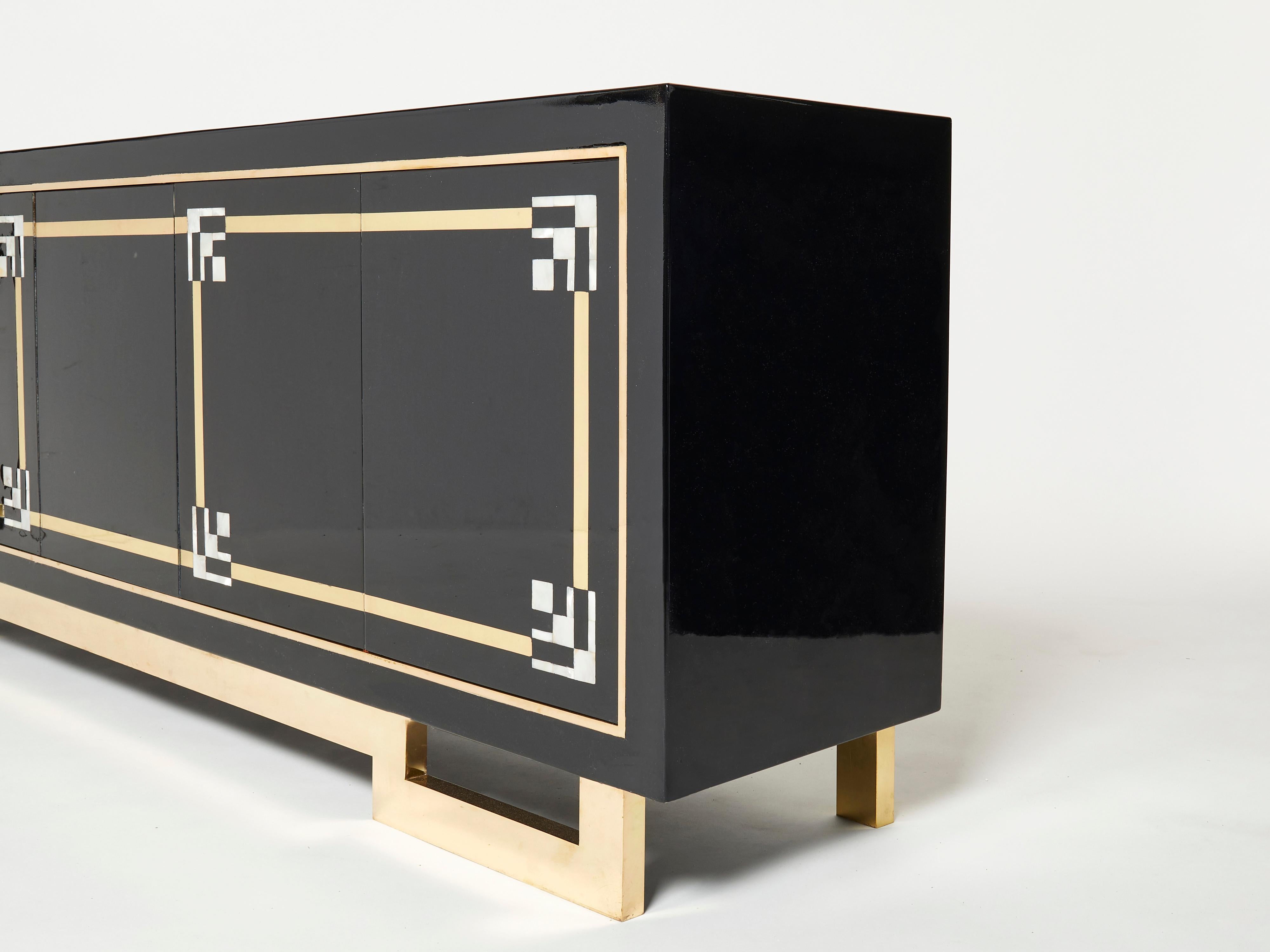 French Sideboard Brass Black Lacquered Shell Inlays 1970s in the style of Maison Jansen For Sale