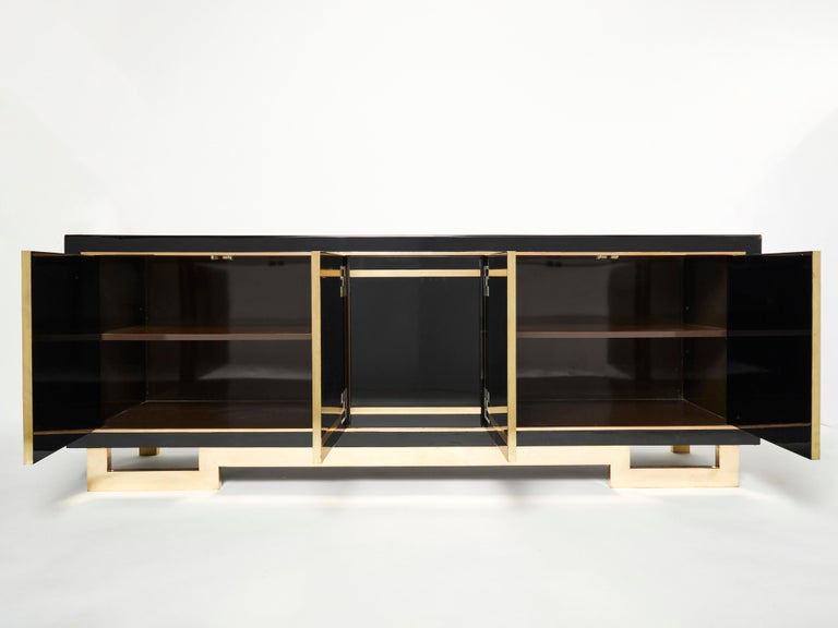 Late 20th Century Maison Jansen Sideboard Brass Black Lacquered Shell Inlays 1970s For Sale