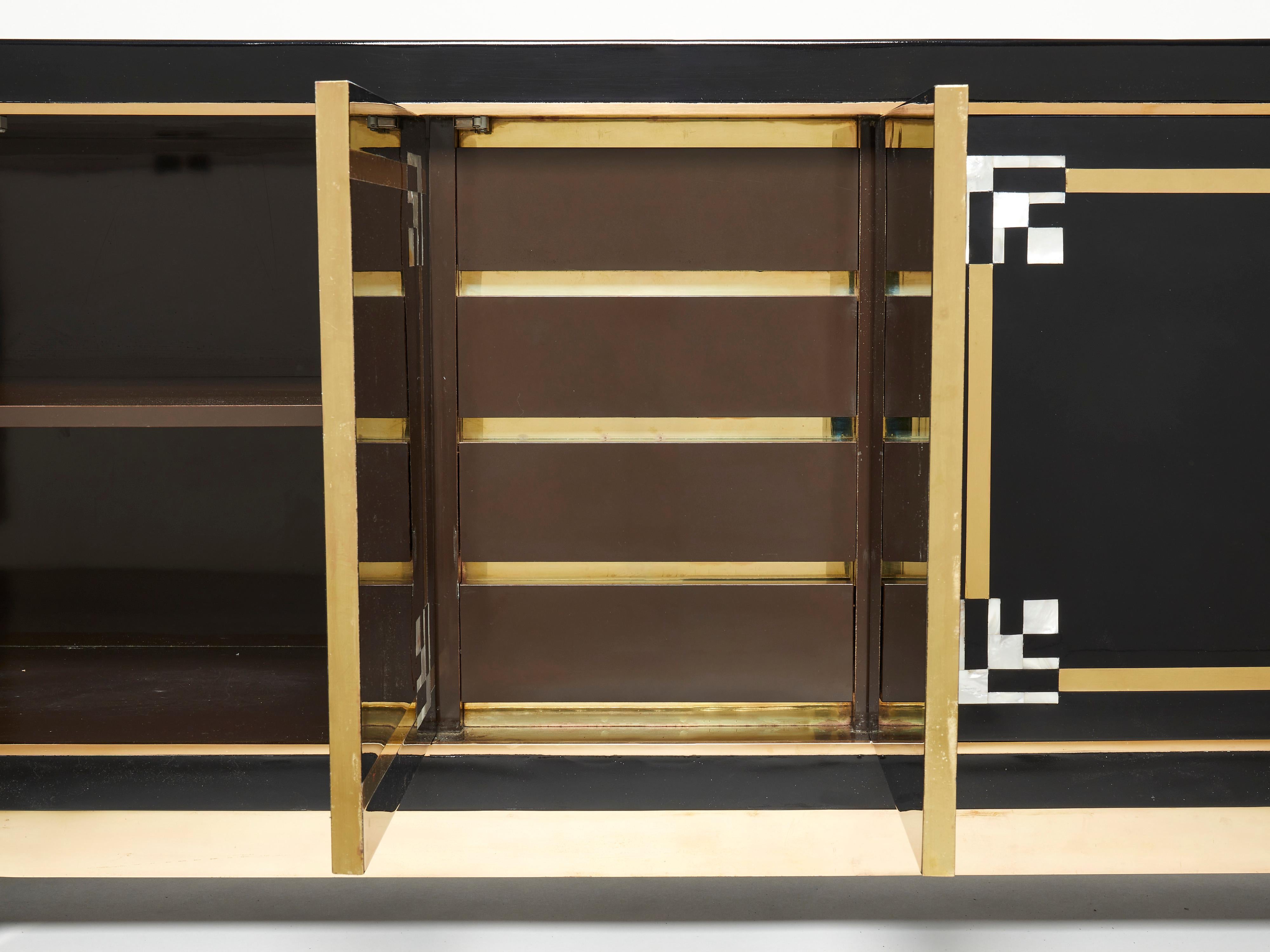 Sideboard Brass Black Lacquered Shell Inlays 1970s in the style of Maison Jansen For Sale 1