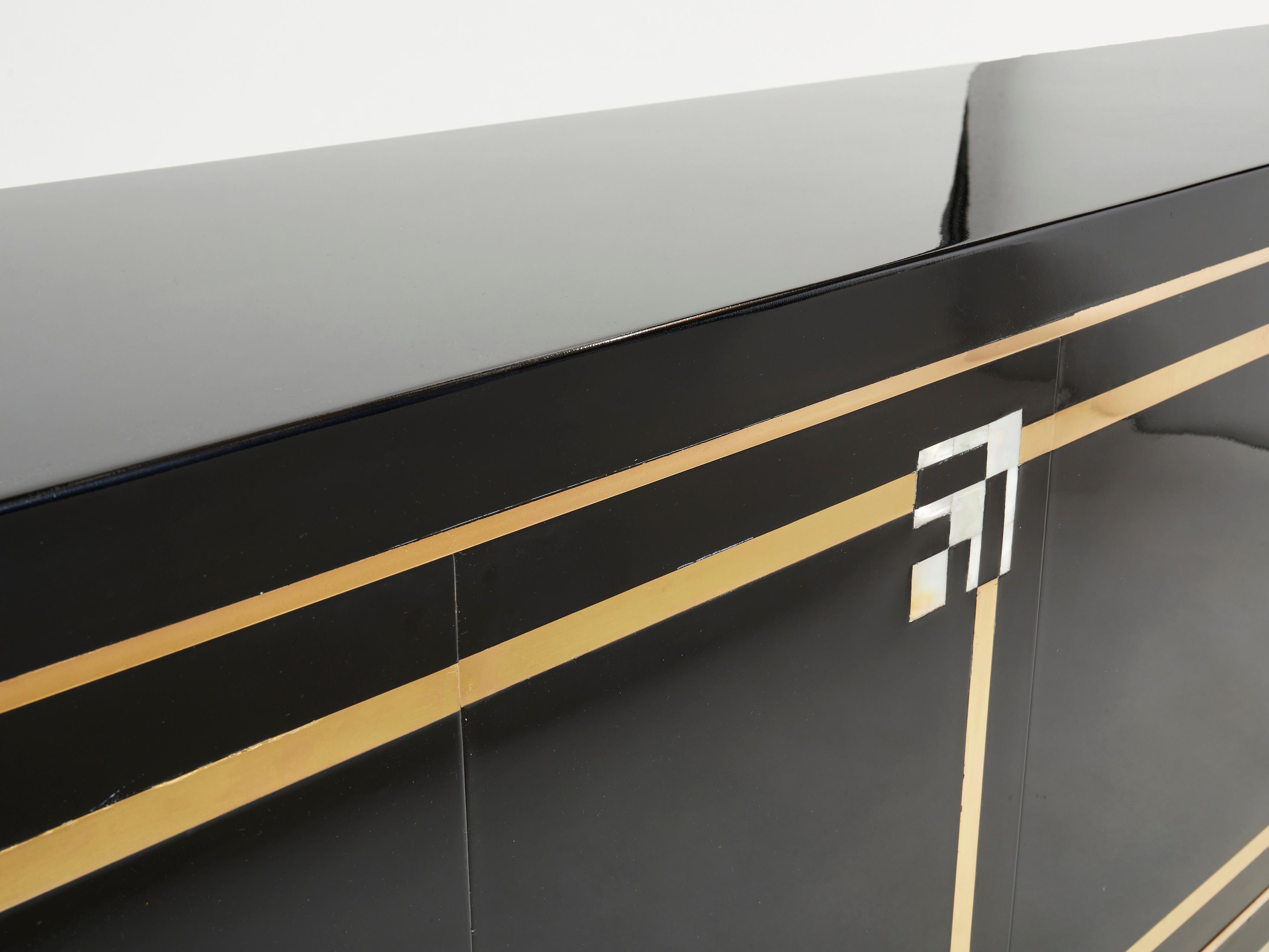 Sideboard Brass Black Lacquered Shell Inlays 1970s in the style of Maison Jansen For Sale 2